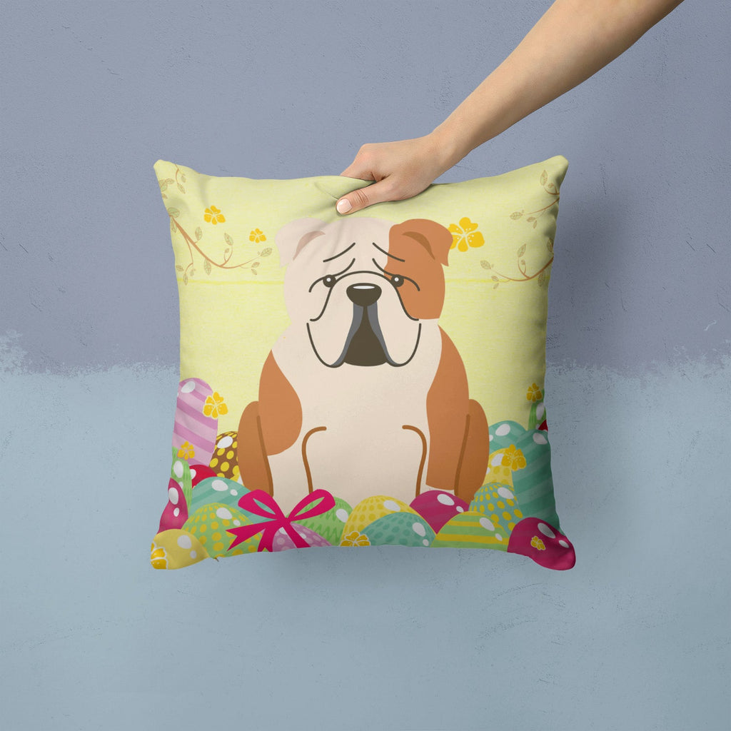 Easter Eggs English Bulldog Fawn White Decorative Throw Pillow 14x14 Indoor Outdoor Accent Cushion, Fabric Cover with Insert for Sofa, Bed, Porch & Living Room