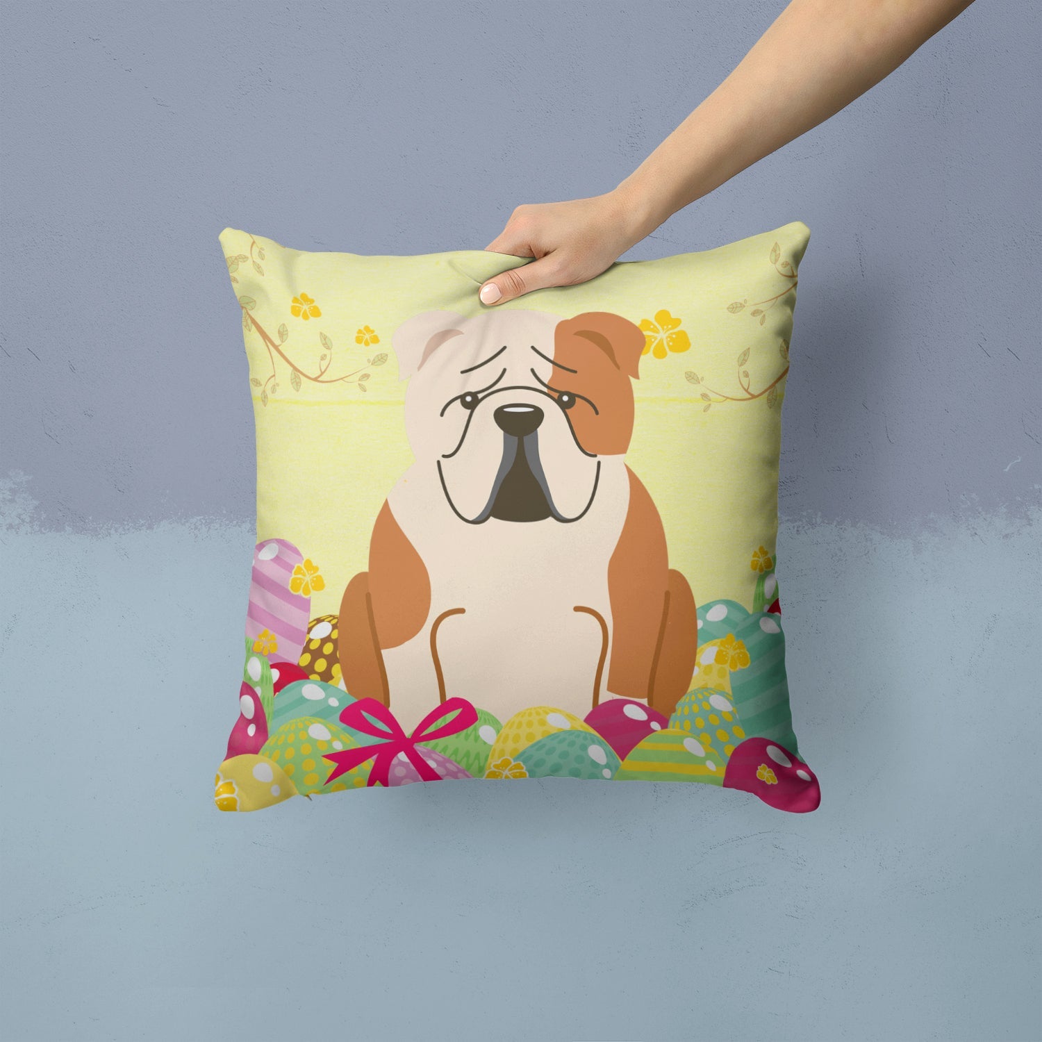 Easter Eggs English Bulldog Fawn White Decorative Throw Pillow 14x14 Indoor Outdoor Accent Cushion, Fabric Cover with Insert for Sofa, Bed, Porch & Living Room