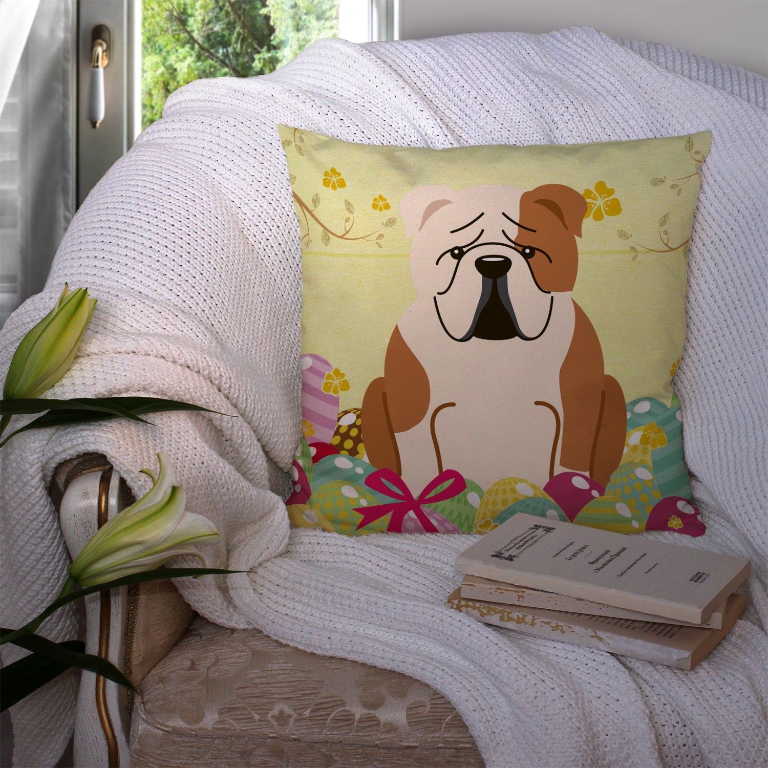 Easter Eggs English Bulldog Fawn White Decorative Throw Pillow 14x14 Indoor Outdoor Accent Cushion, Fabric Cover with Insert for Sofa, Bed, Porch & Living Room