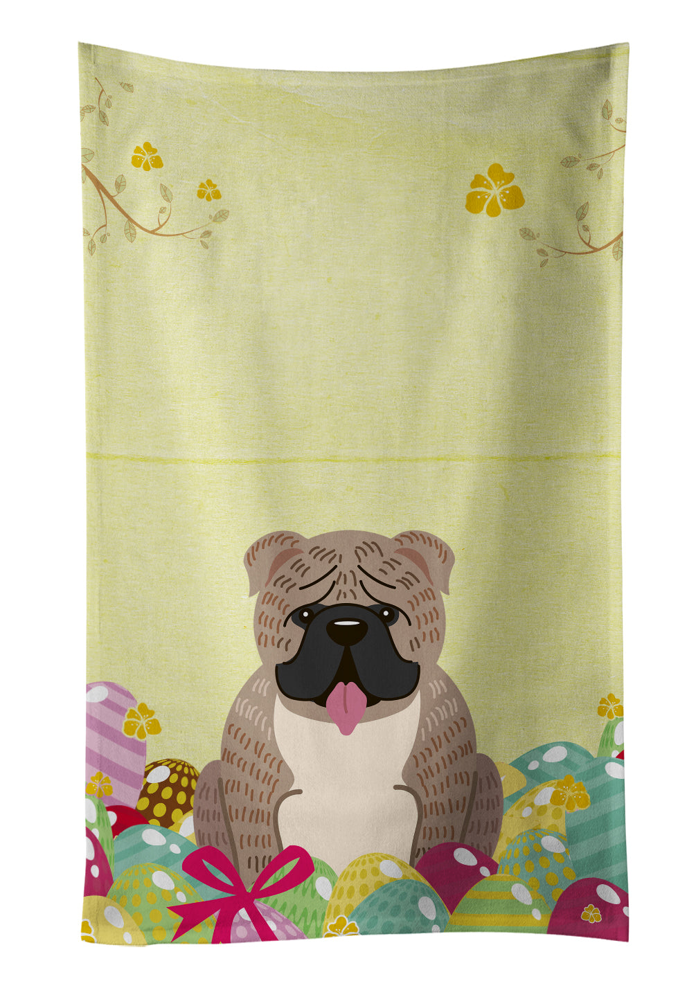 Easter Eggs English Bulldog Grey Brindle  Kitchen Towel Velour Plush Front and Cotton Loop Back Machine Washable