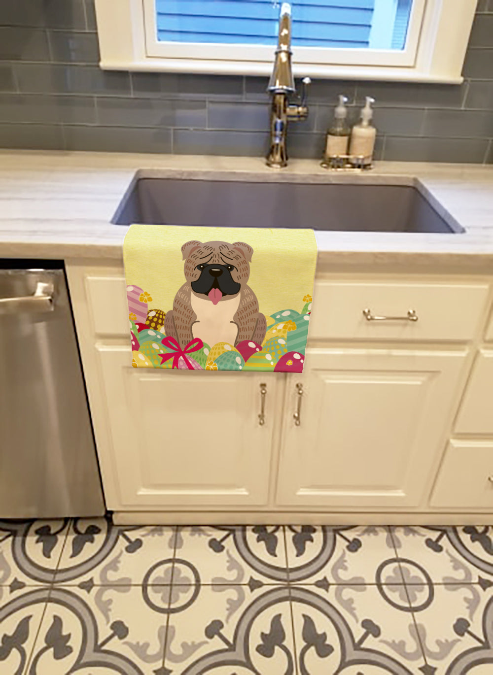 Easter Eggs English Bulldog Grey Brindle  Kitchen Towel Velour Plush Front and Cotton Loop Back Machine Washable