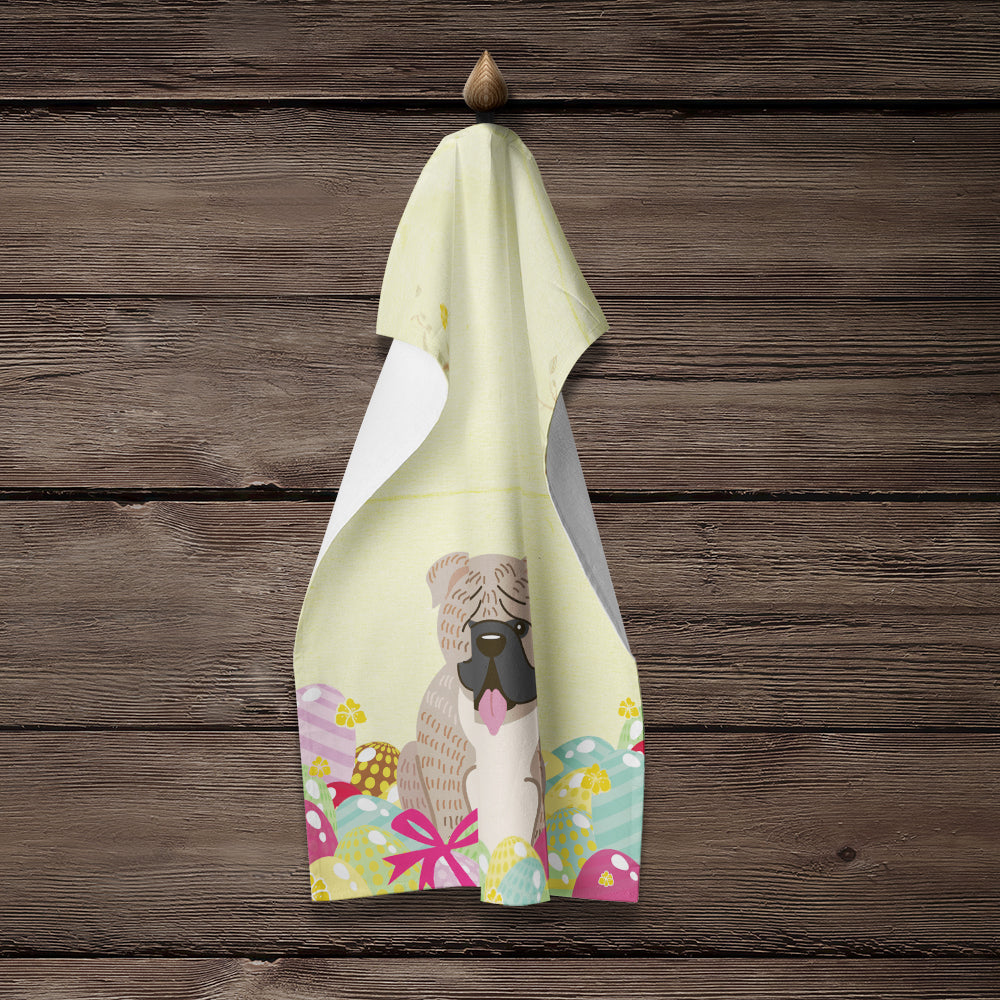 Easter Eggs English Bulldog Grey Brindle  Kitchen Towel Velour Plush Front and Cotton Loop Back Machine Washable