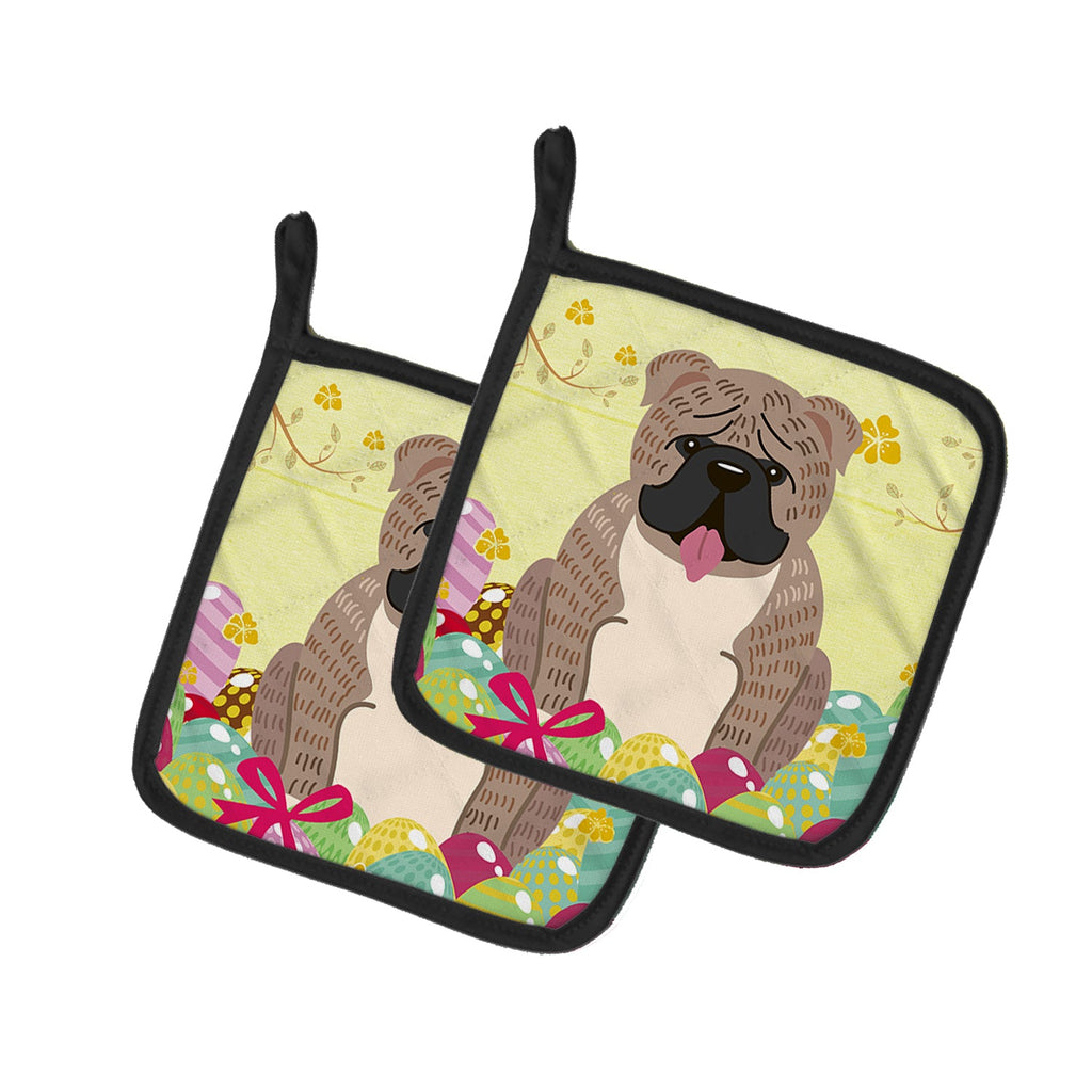 Easter Eggs English Bulldog Grey Brindle  Pot Holder Set of 2 Heat Resistant Quilted Hot Pads 7.5 x 7.5 Inch, Insulated Kitchen Trivets for Cooking & Baking