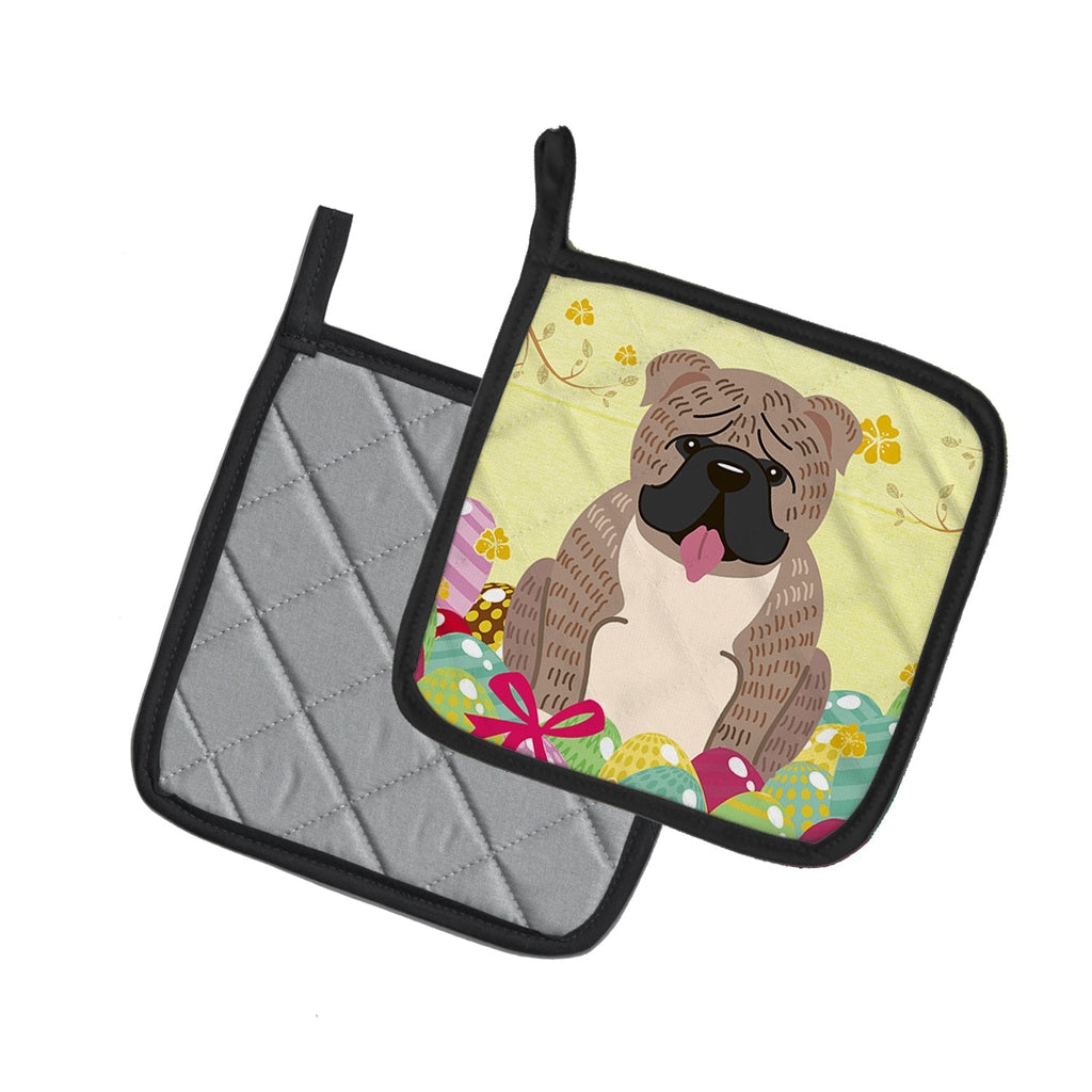 Easter Eggs English Bulldog Grey Brindle  Pot Holder Set of 2 Heat Resistant Quilted Hot Pads 7.5 x 7.5 Inch, Insulated Kitchen Trivets for Cooking & Baking