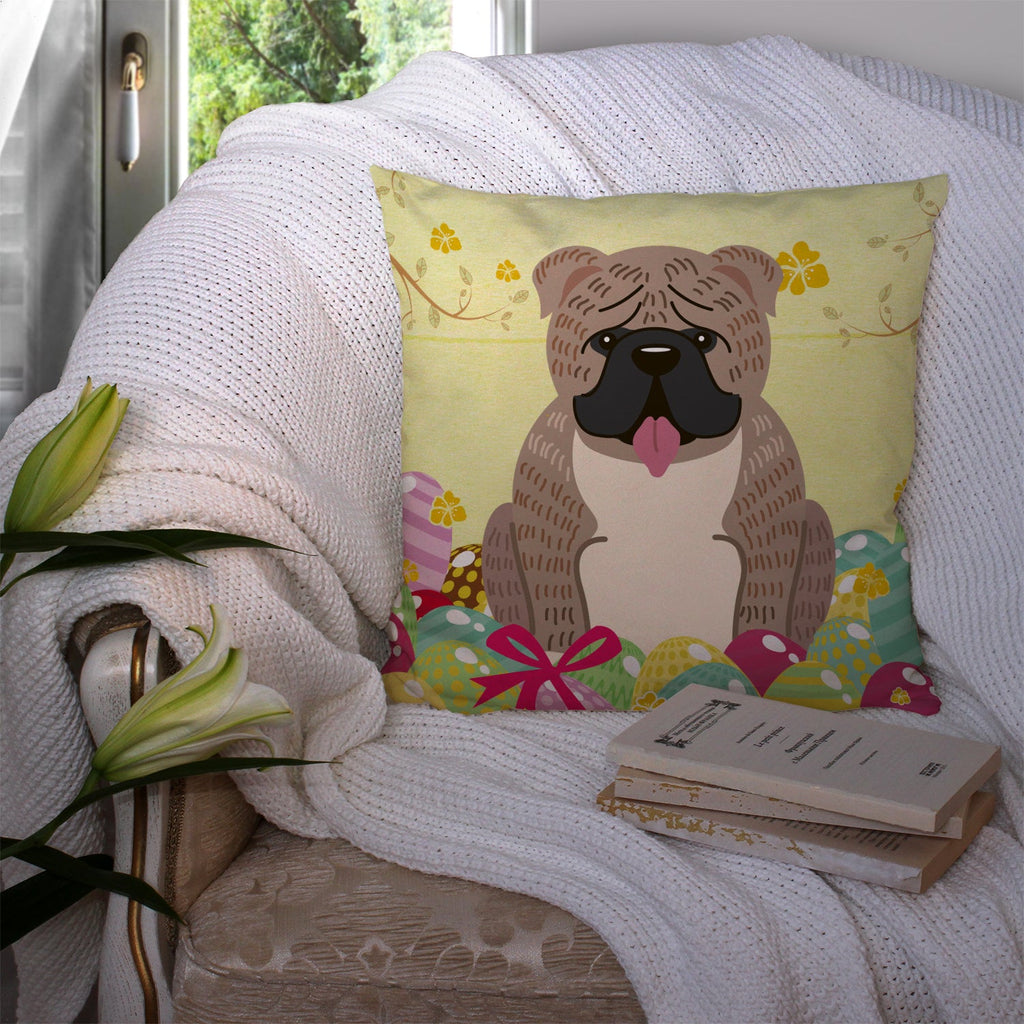 Easter Eggs English Bulldog Grey Brindle  Decorative Throw Pillow 14x14 Indoor Outdoor Accent Cushion, Fabric Cover with Insert for Sofa, Bed, Porch & Living Room
