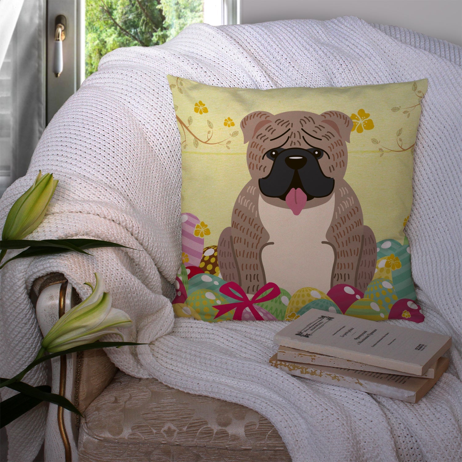 Easter Eggs English Bulldog Grey Brindle  Decorative Throw Pillow 14x14 Indoor Outdoor Accent Cushion, Fabric Cover with Insert for Sofa, Bed, Porch & Living Room