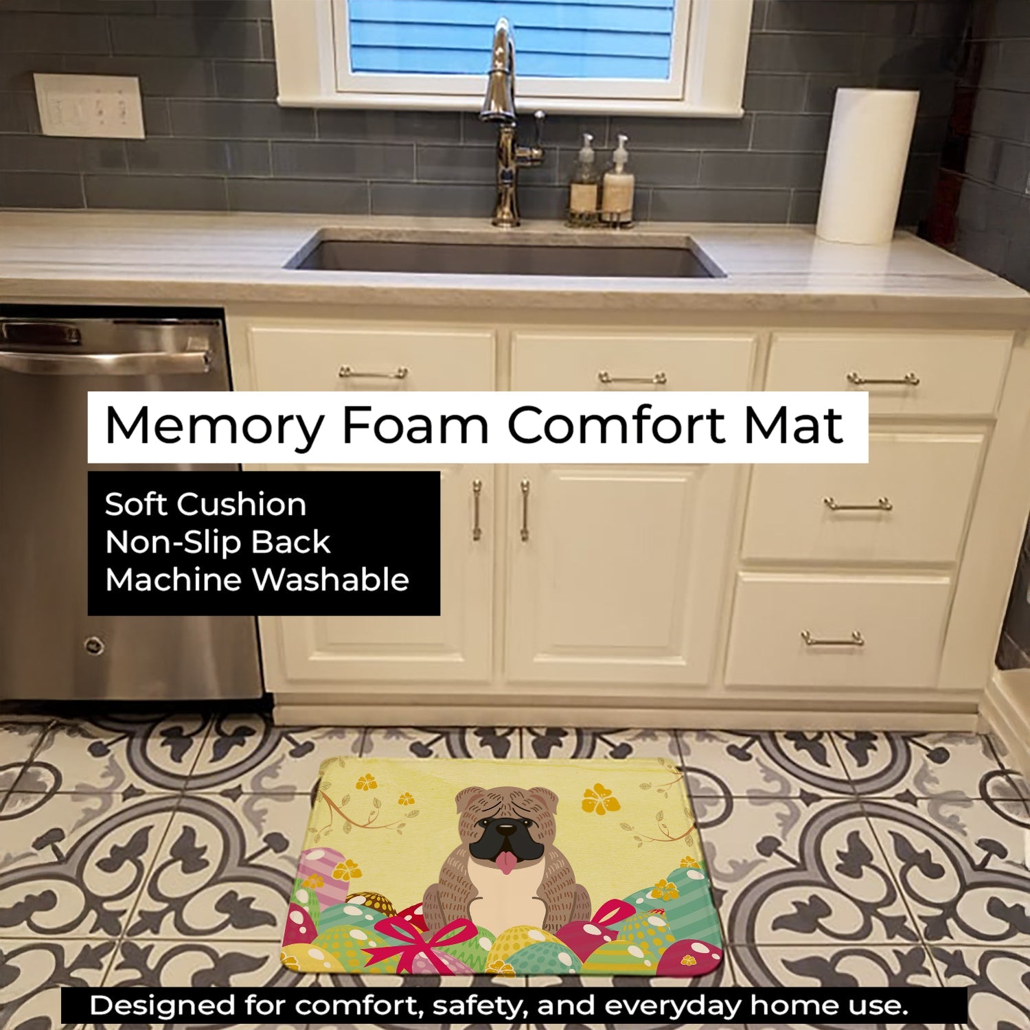 Easter Eggs English Bulldog Grey Brindle  Memory Foam Kitchen Mat Machine Washable Anti-Fatigue Cushion Comfort Bath or Kitchen Rug