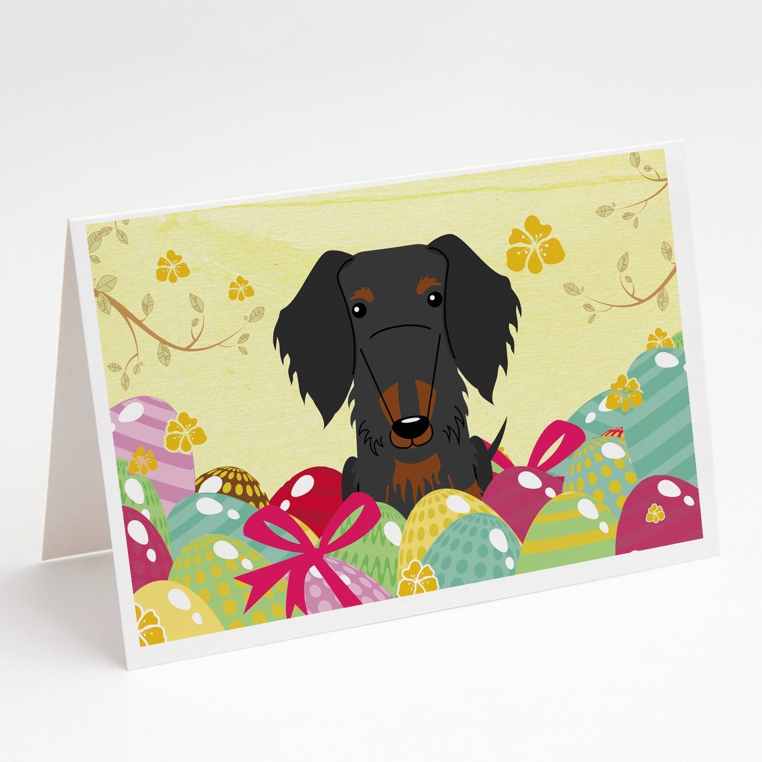 Easter Eggs Wire Haired Dachshund Black Tan Greeting Cards Pack of 8 Blank Cards with Envelopes Whimsical A7 Size 5x7
