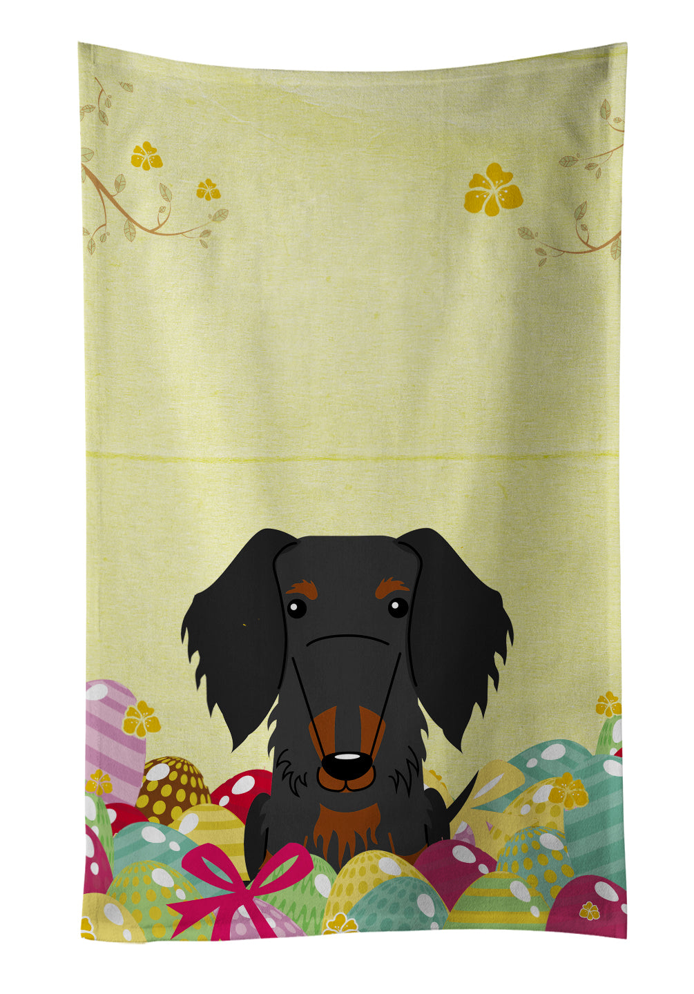 Easter Eggs Wire Haired Dachshund Black Tan Kitchen Towel Velour Plush Front and Cotton Loop Back Machine Washable