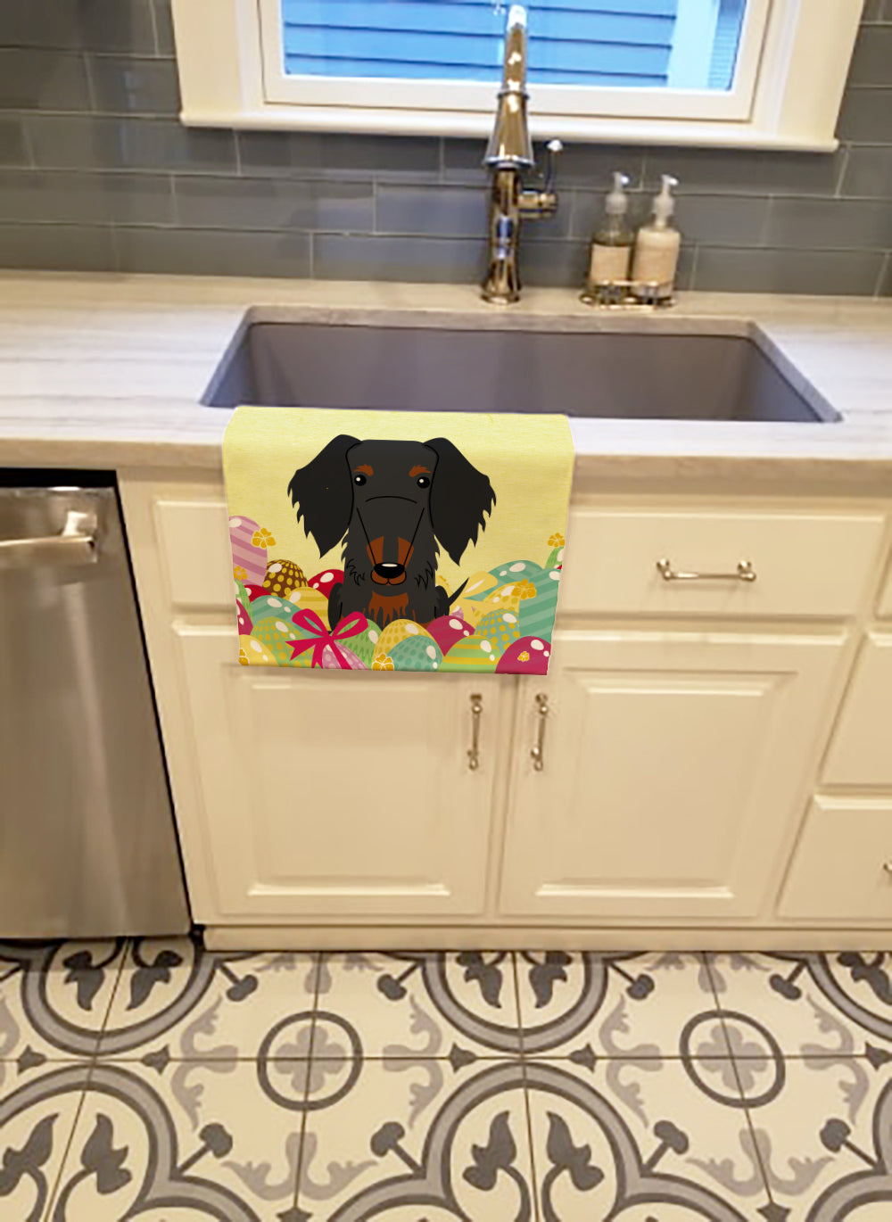Easter Eggs Wire Haired Dachshund Black Tan Kitchen Towel Velour Plush Front and Cotton Loop Back Machine Washable
