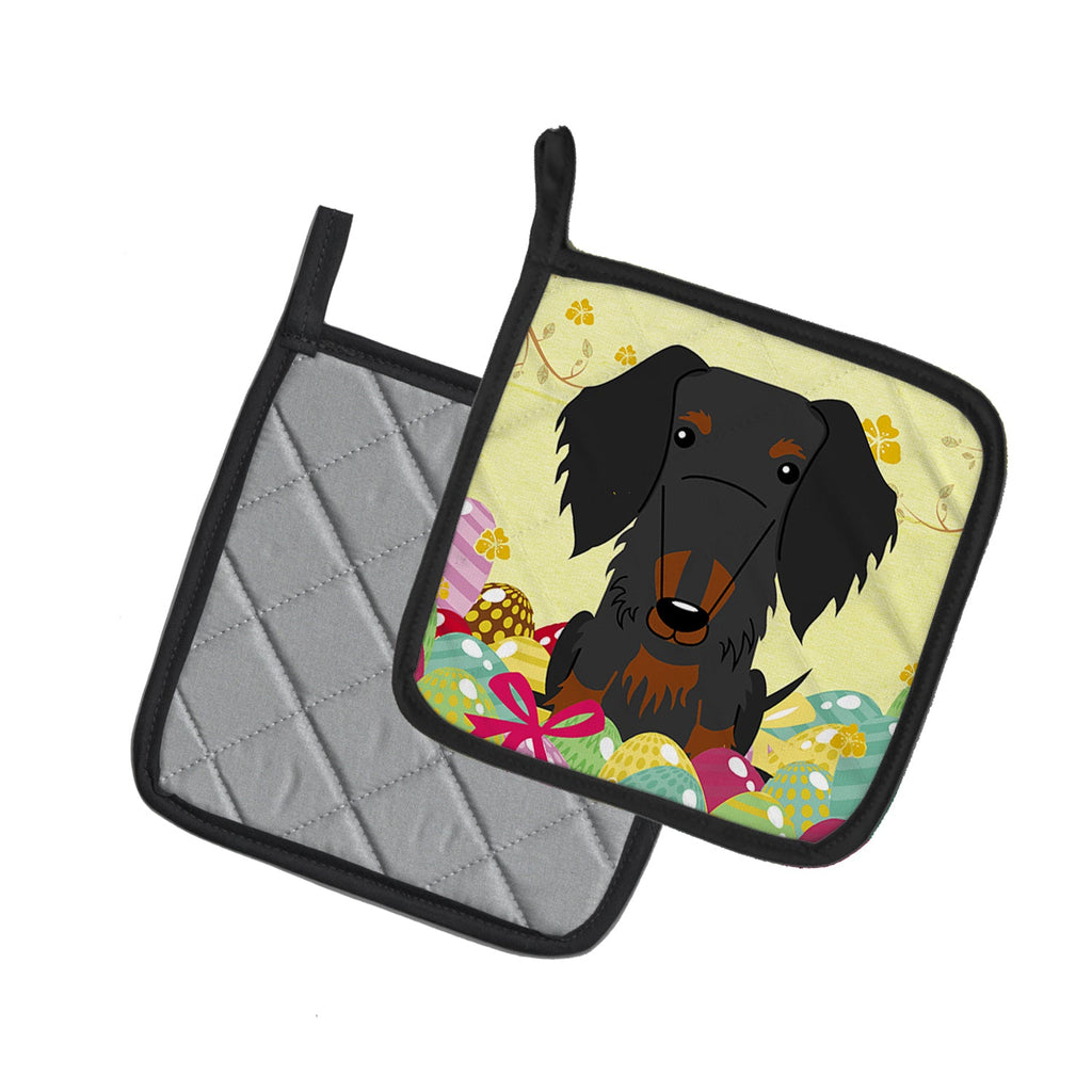 Easter Eggs Wire Haired Dachshund Black Tan Pot Holder Set of 2 Heat Resistant Quilted Hot Pads 7.5 x 7.5 Inch, Insulated Kitchen Trivets for Cooking & Baking