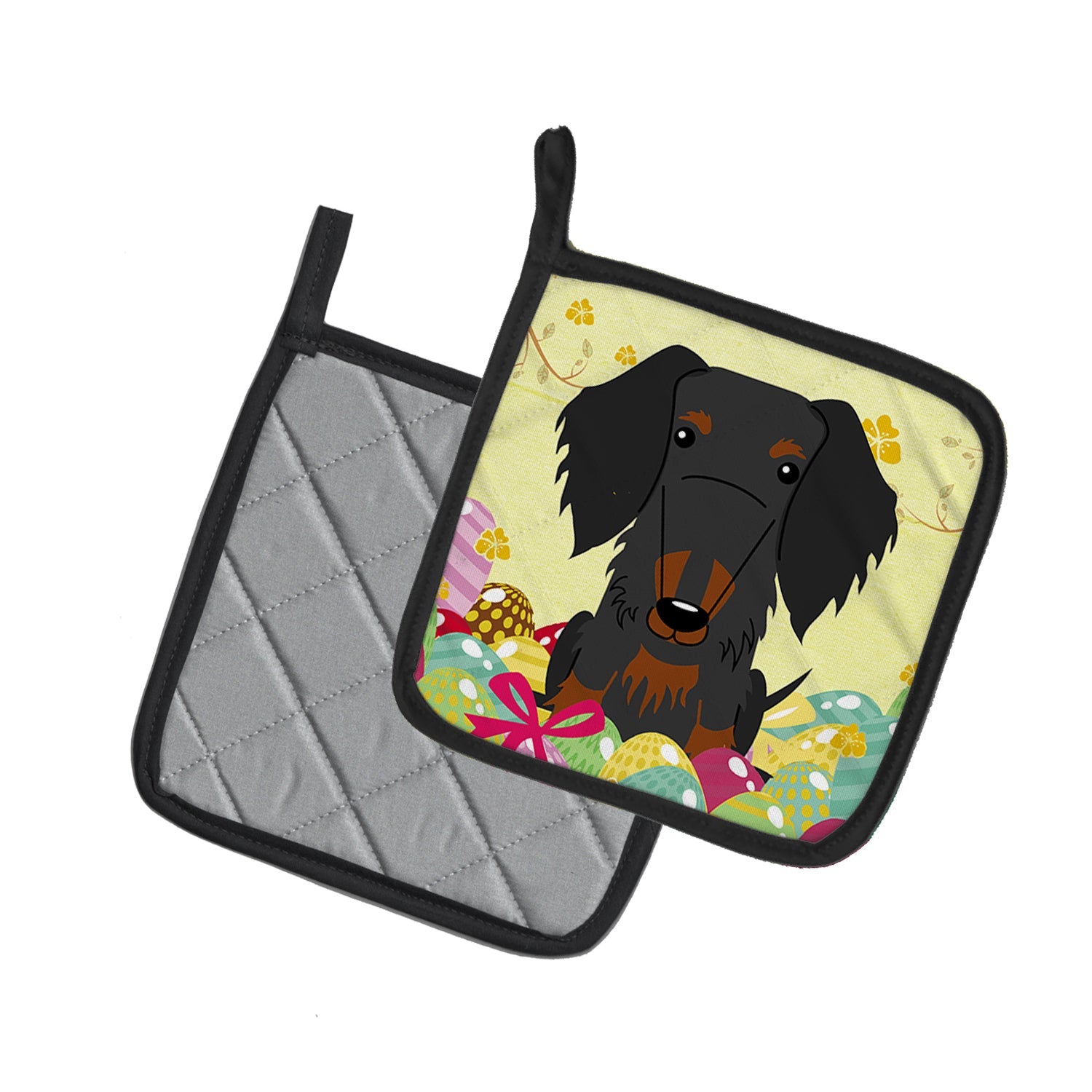 Easter Eggs Wire Haired Dachshund Black Tan Pot Holder Set of 2 Heat Resistant Quilted Hot Pads 7.5 x 7.5 Inch, Insulated Kitchen Trivets for Cooking & Baking