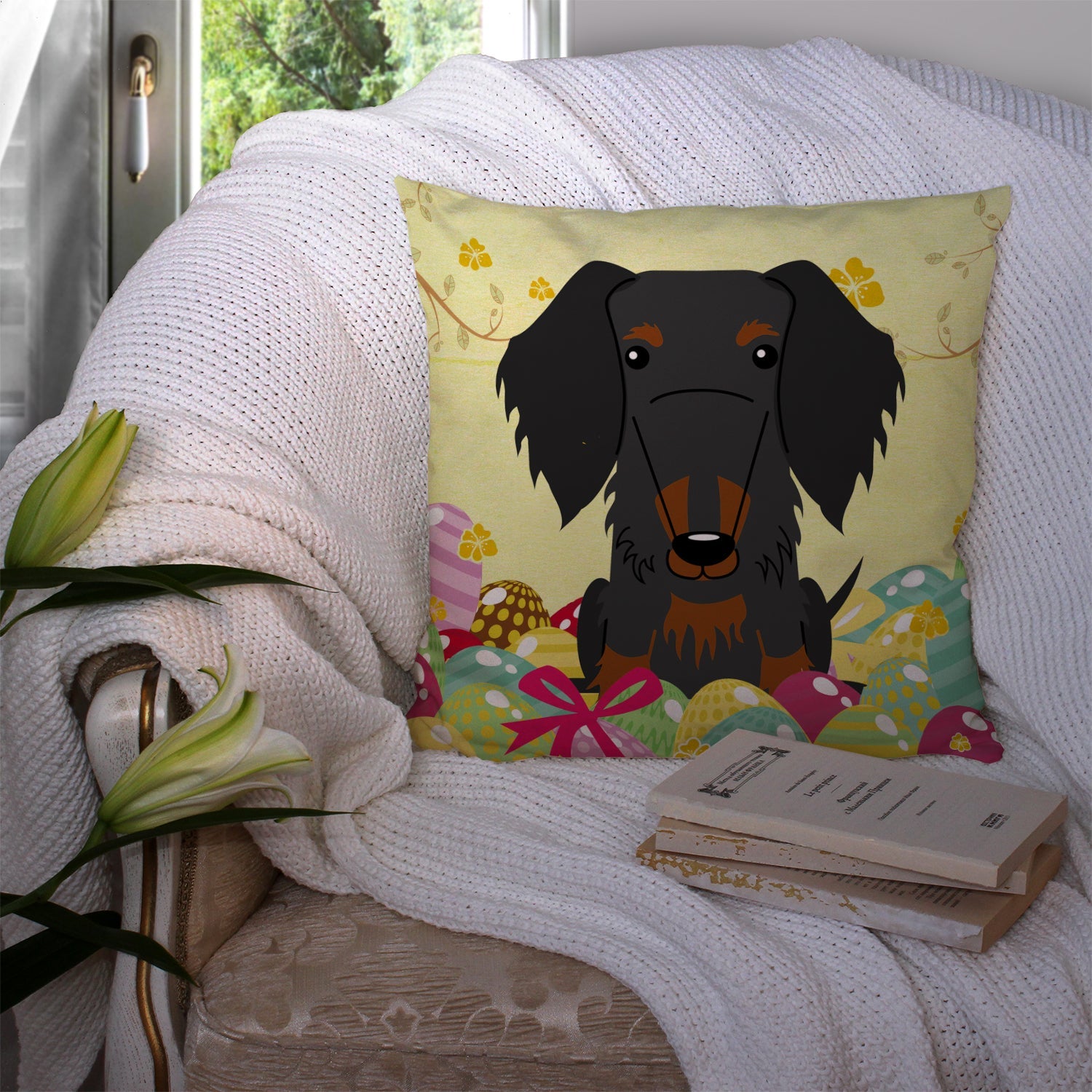 Easter Eggs Wire Haired Dachshund Black Tan Decorative Throw Pillow 14x14 Indoor Outdoor Accent Cushion, Fabric Cover with Insert for Sofa, Bed, Porch & Living Room