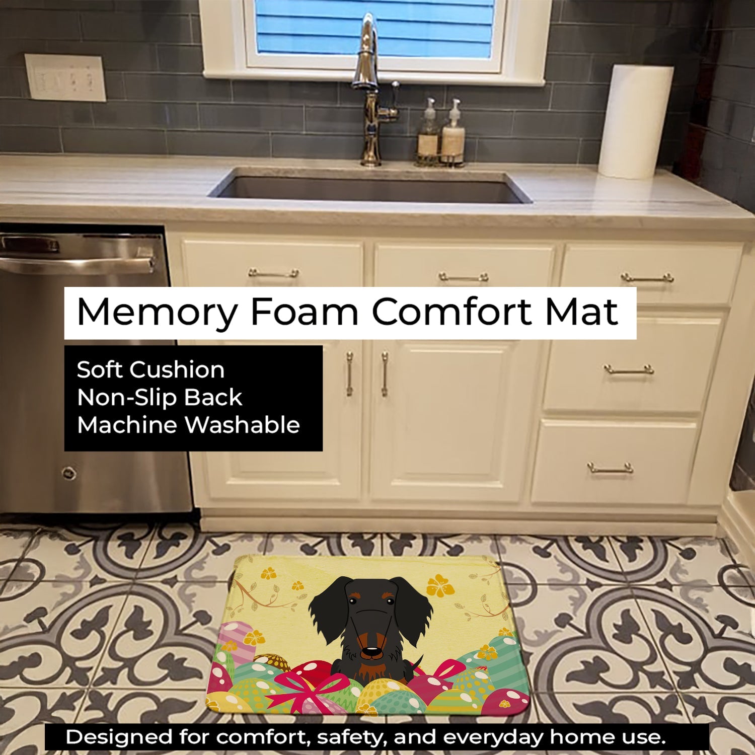 Easter Eggs Wire Haired Dachshund Black Tan Memory Foam Kitchen Mat Machine Washable Anti-Fatigue Cushion Comfort Bath or Kitchen Rug