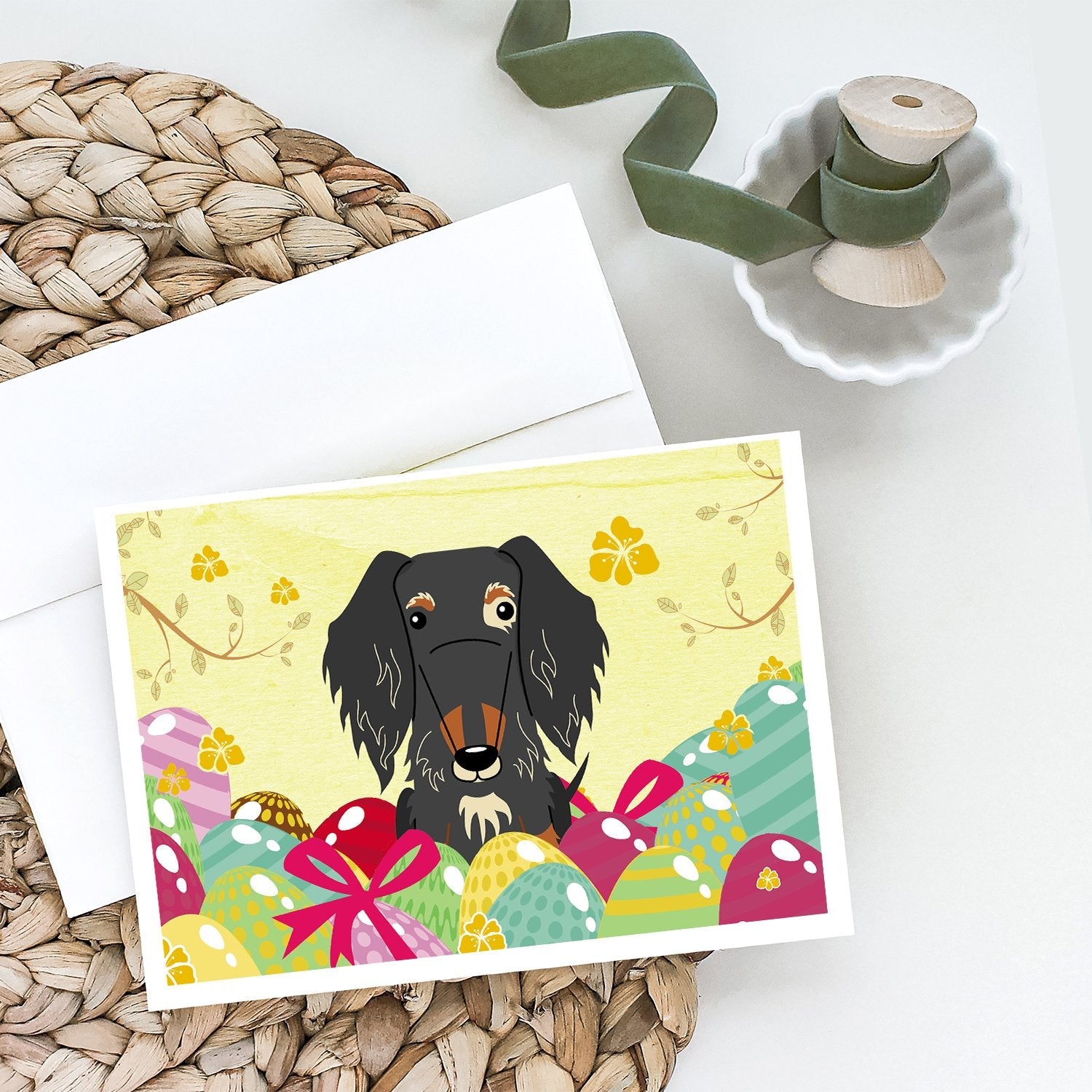 Easter Eggs Wire Haired Dachshund Dapple Greeting Cards Pack of 8 Blank Cards with Envelopes Whimsical A7 Size 5x7