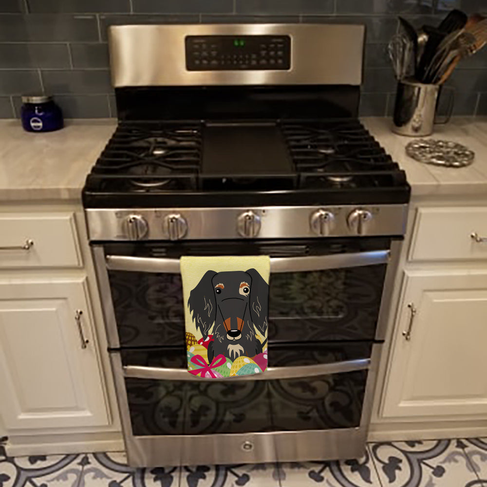 Easter Eggs Wire Haired Dachshund Dapple Kitchen Towel Velour Plush Front and Cotton Loop Back Machine Washable