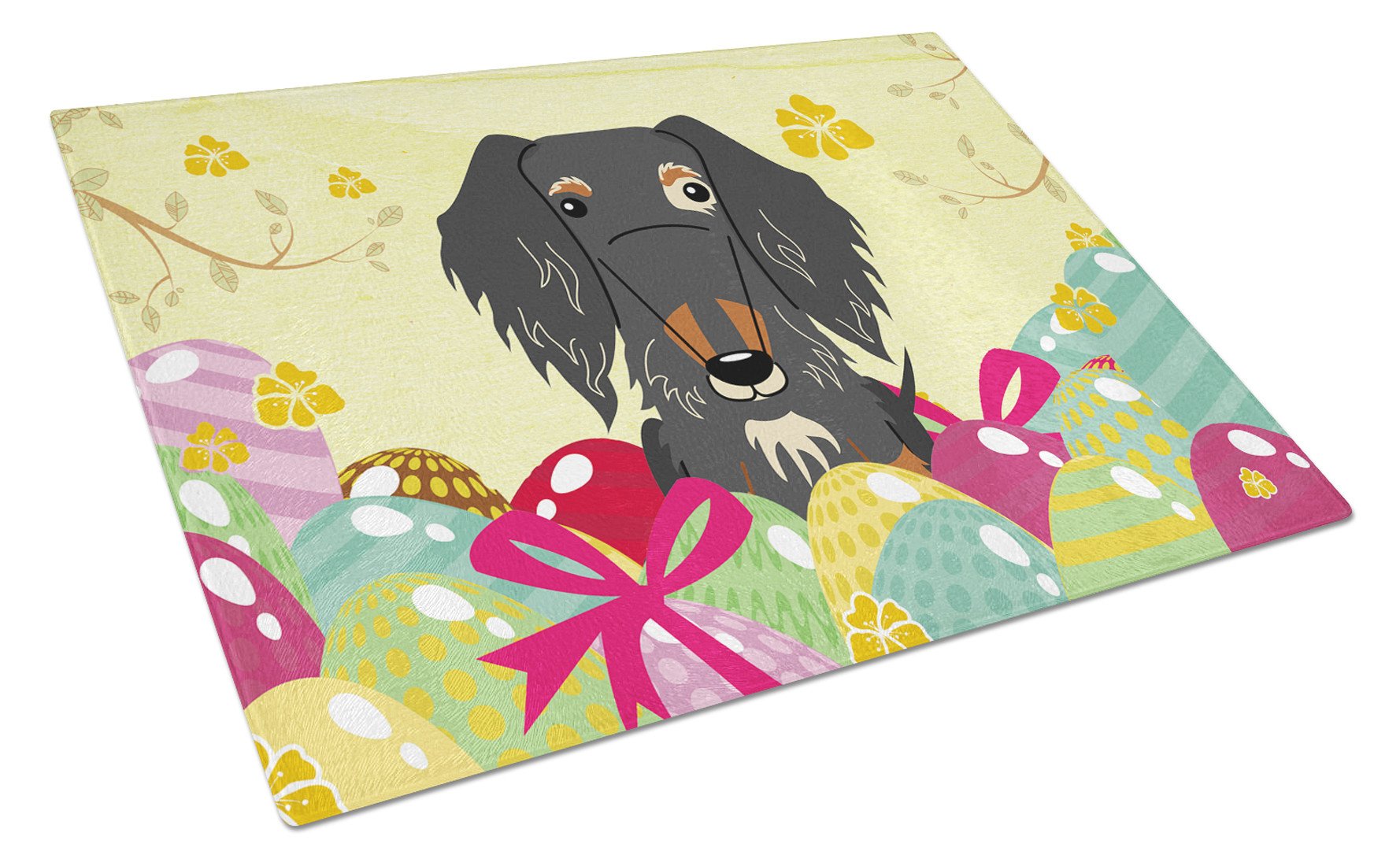 Easter Eggs Wire Haired Dachshund Dapple Cutting Board Tempered Glass Kitchen Cutting Surface, Heat Resistant Chopping, Non-Slip Feet, Food Prep & Serving