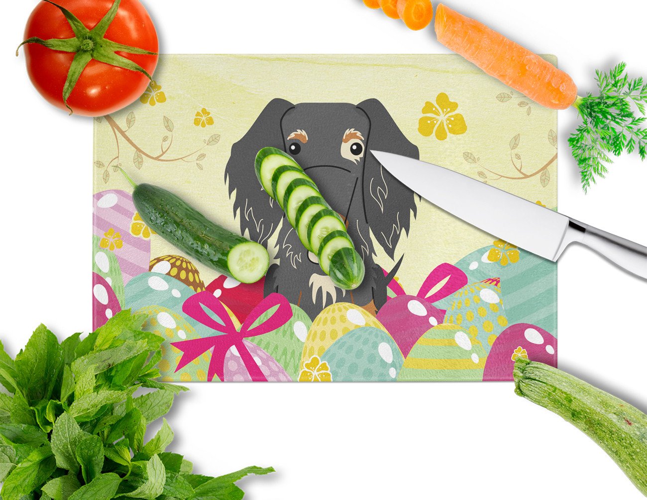 Easter Eggs Wire Haired Dachshund Dapple Cutting Board Tempered Glass Kitchen Cutting Surface, Heat Resistant Chopping, Non-Slip Feet, Food Prep & Serving