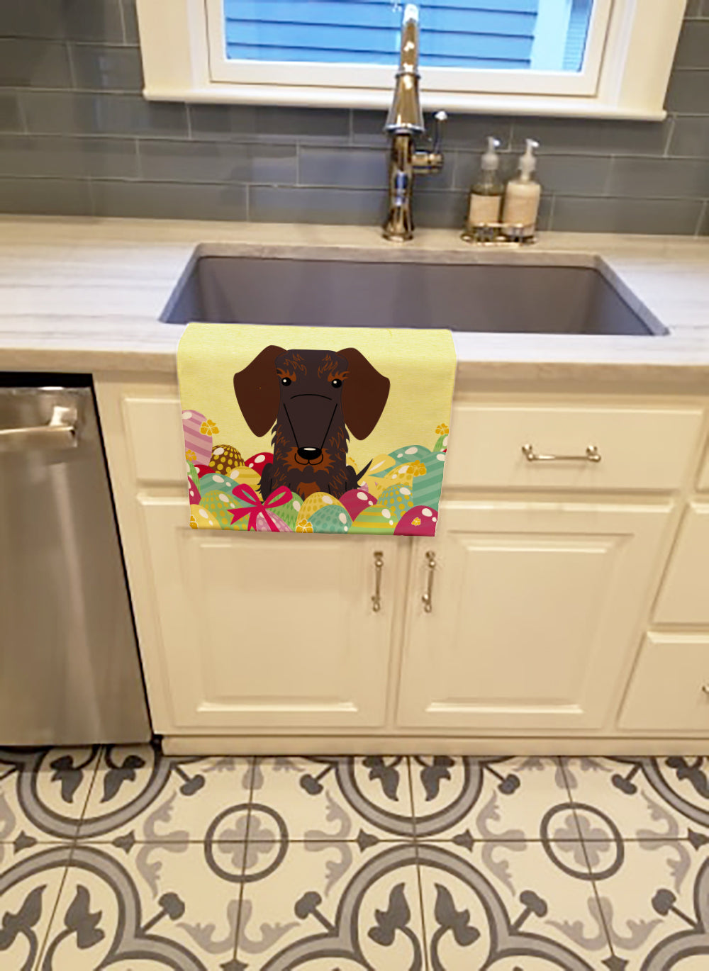 Easter Eggs Wire Haired Dachshund Chocolate Kitchen Towel Velour Plush Front and Cotton Loop Back Machine Washable