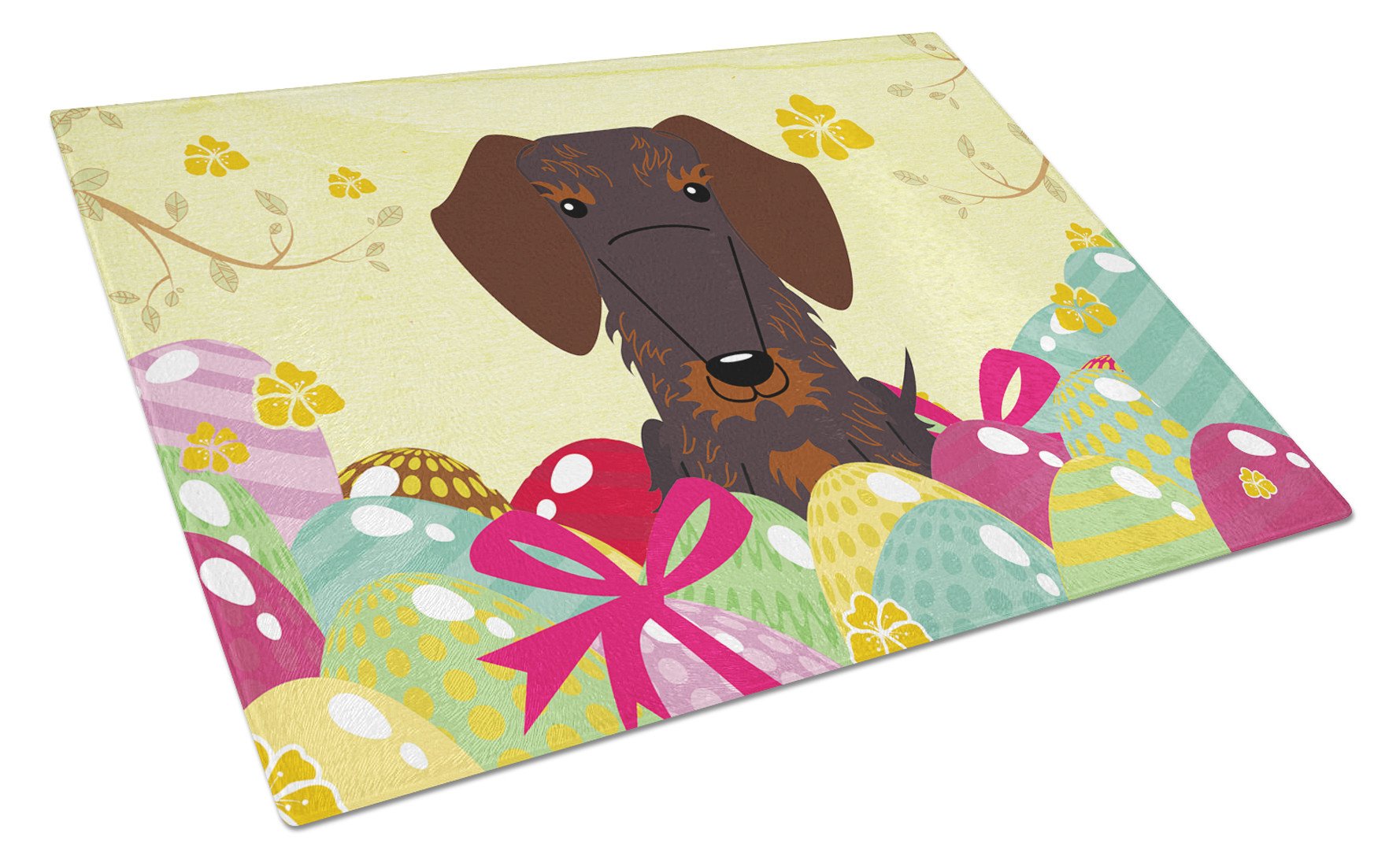 Easter Eggs Wire Haired Dachshund Chocolate Cutting Board Tempered Glass Kitchen Cutting Surface, Heat Resistant Chopping, Non-Slip Feet, Food Prep & Serving