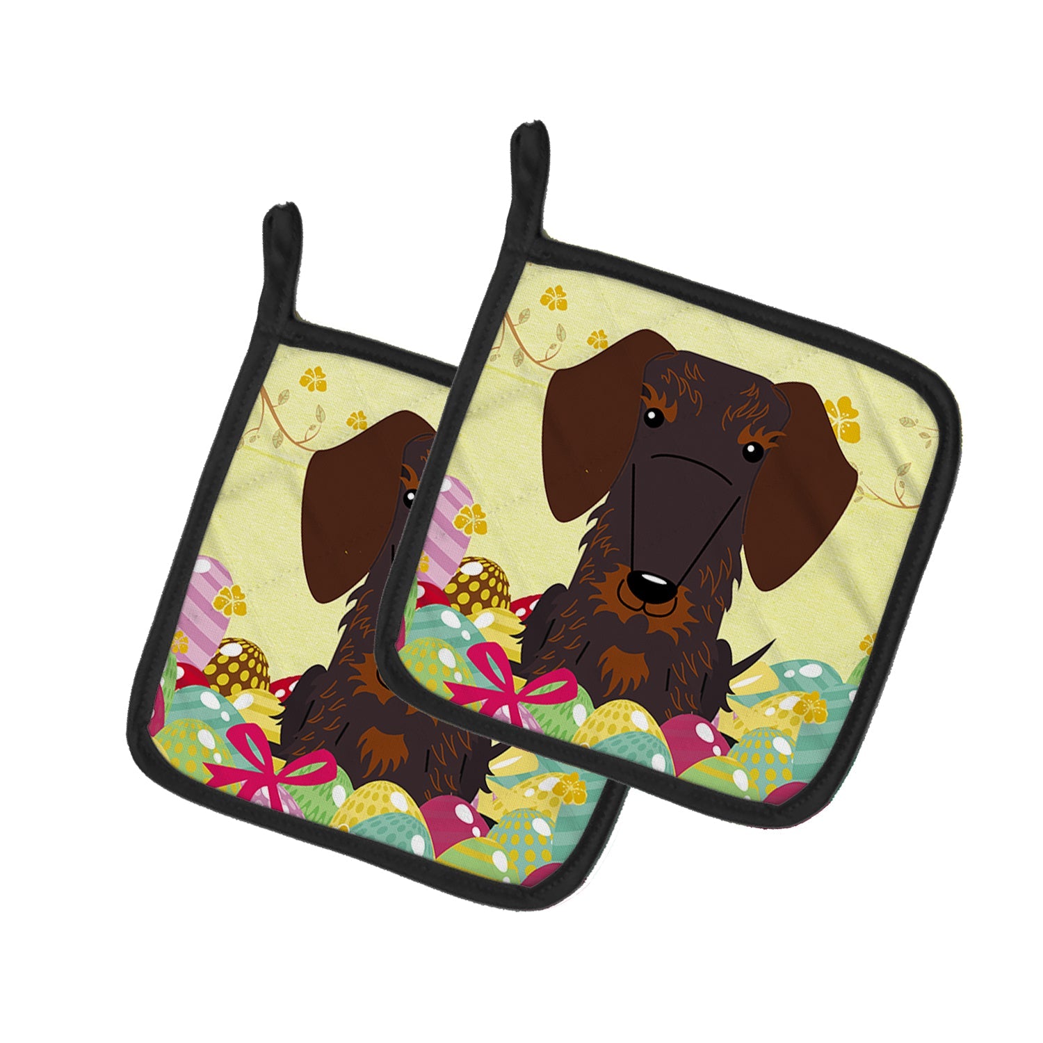 Easter Eggs Wire Haired Dachshund Chocolate Pot Holder Set of 2 Heat Resistant Quilted Hot Pads 7.5 x 7.5 Inch, Insulated Kitchen Trivets for Cooking & Baking
