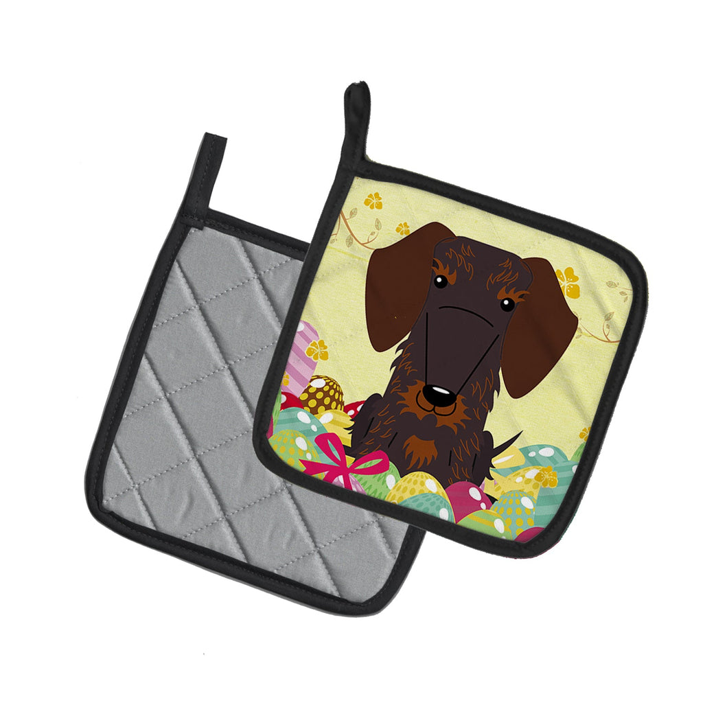 Easter Eggs Wire Haired Dachshund Chocolate Pot Holder Set of 2 Heat Resistant Quilted Hot Pads 7.5 x 7.5 Inch, Insulated Kitchen Trivets for Cooking & Baking