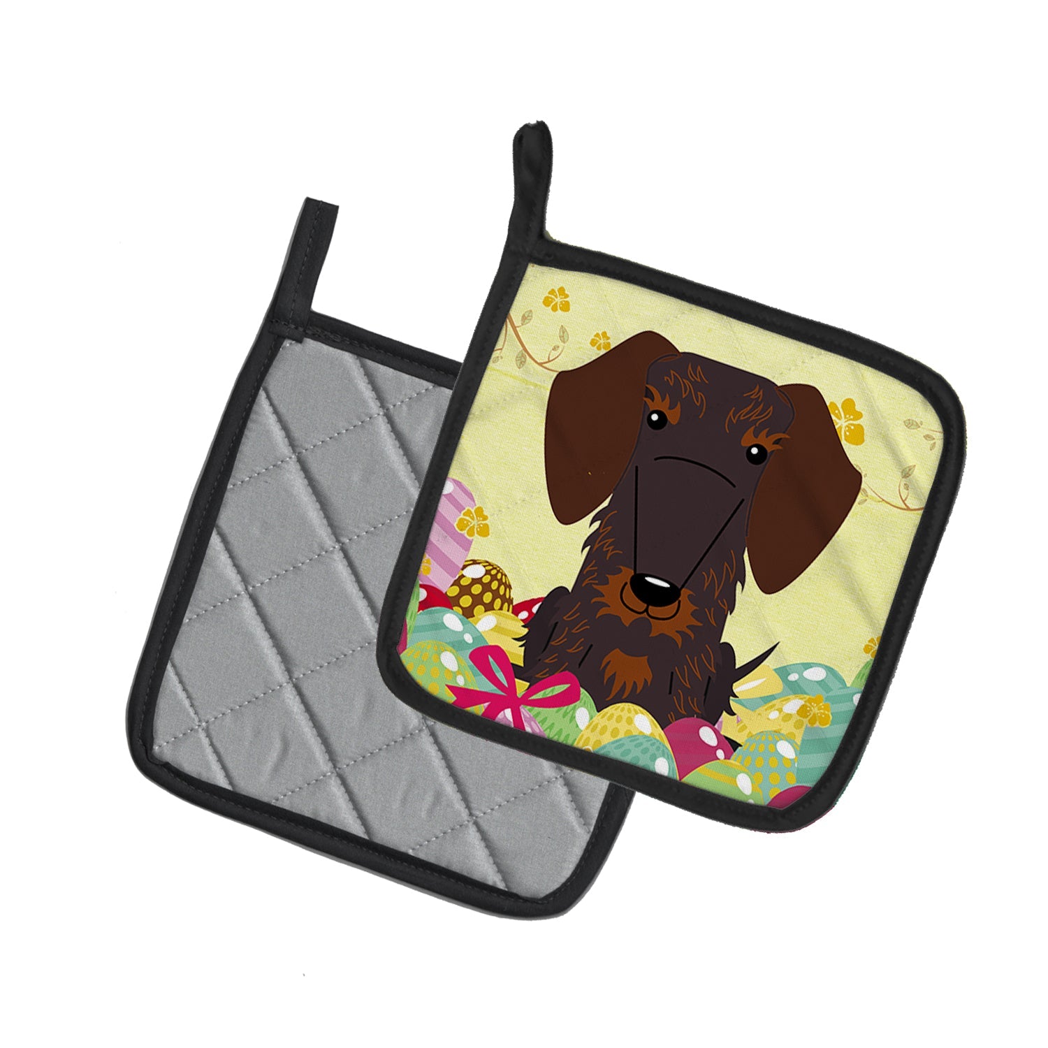 Easter Eggs Wire Haired Dachshund Chocolate Pot Holder Set of 2 Heat Resistant Quilted Hot Pads 7.5 x 7.5 Inch, Insulated Kitchen Trivets for Cooking & Baking