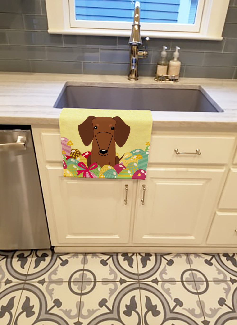 Easter Eggs Dachshund Red Brown Kitchen Towel Velour Plush Front and Cotton Loop Back Machine Washable