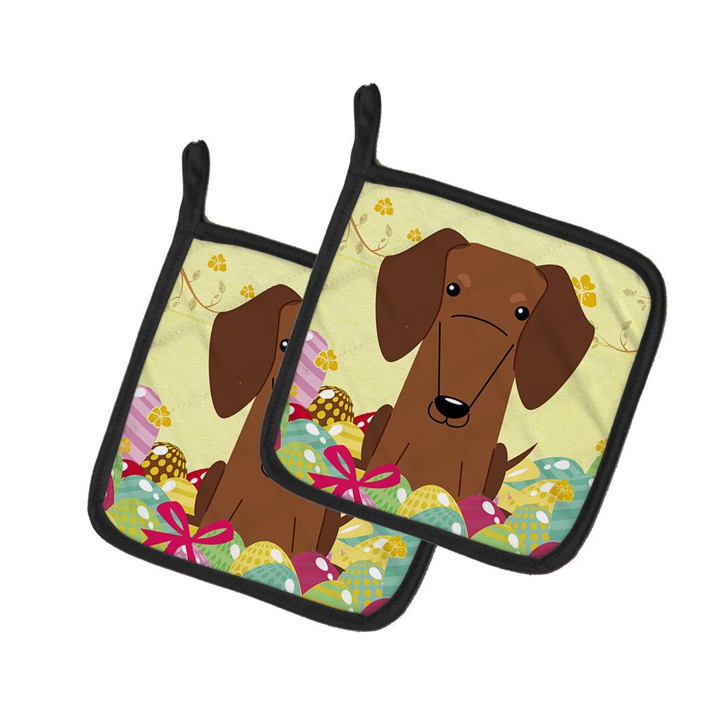 Easter Eggs Dachshund Red Brown Pot Holder Set of 2 Heat Resistant Quilted Hot Pads 7.5 x 7.5 Inch, Insulated Kitchen Trivets for Cooking & Baking