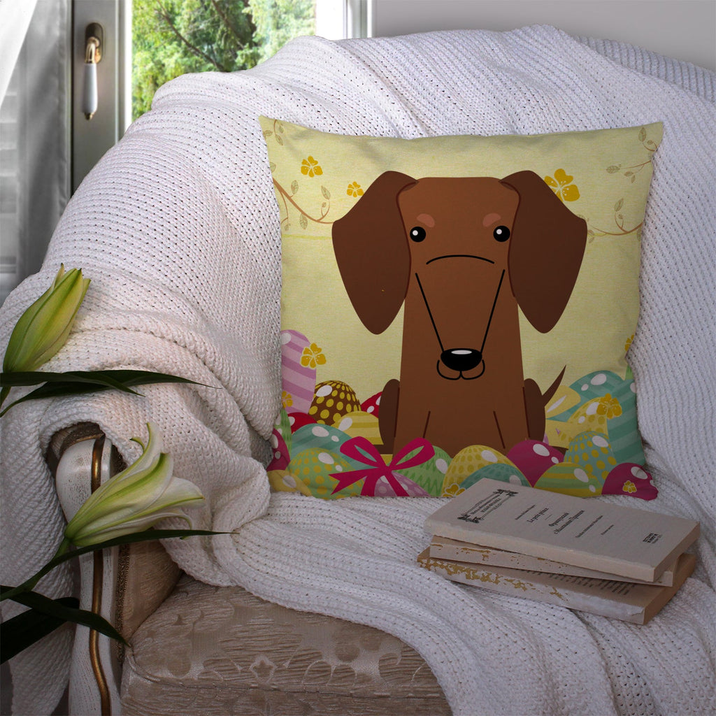 Easter Eggs Dachshund Red Brown Decorative Throw Pillow 14x14 Indoor Outdoor Accent Cushion, Fabric Cover with Insert for Sofa, Bed, Porch & Living Room