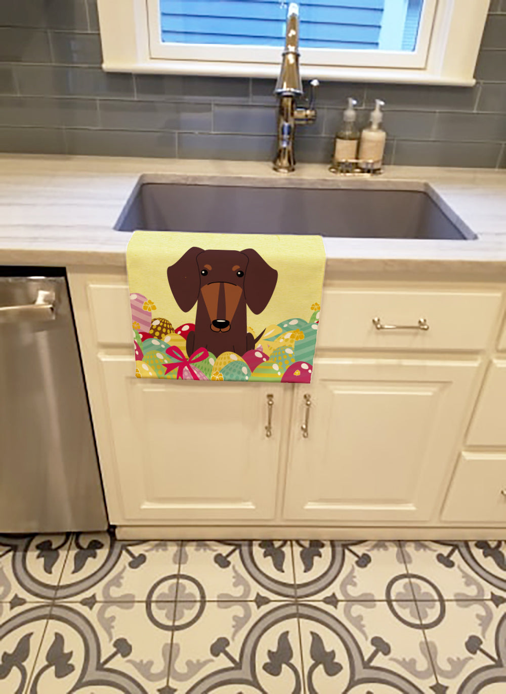 Easter Eggs Dachshund Chocolate Kitchen Towel Velour Plush Front and Cotton Loop Back Machine Washable