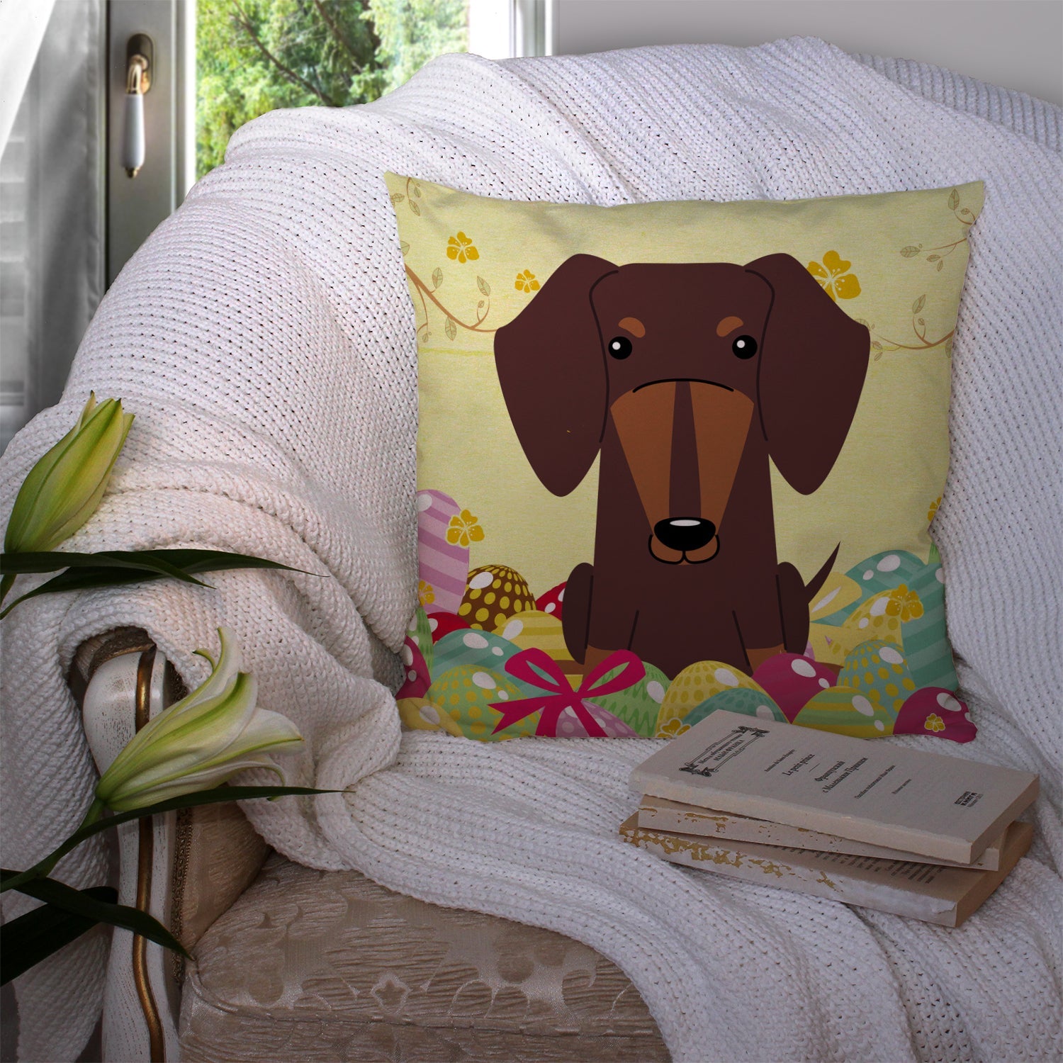Easter Eggs Dachshund Chocolate Decorative Throw Pillow 14x14 Indoor Outdoor Accent Cushion, Fabric Cover with Insert for Sofa, Bed, Porch & Living Room