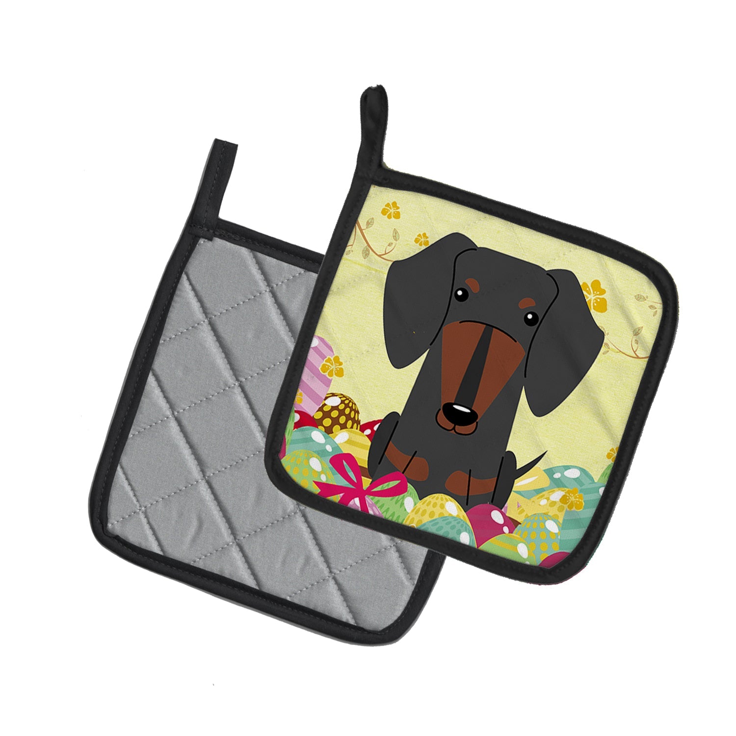Easter Eggs Dachshund Black Tan Pot Holder Set of 2 Heat Resistant Quilted Hot Pads 7.5 x 7.5 Inch, Insulated Kitchen Trivets for Cooking & Baking