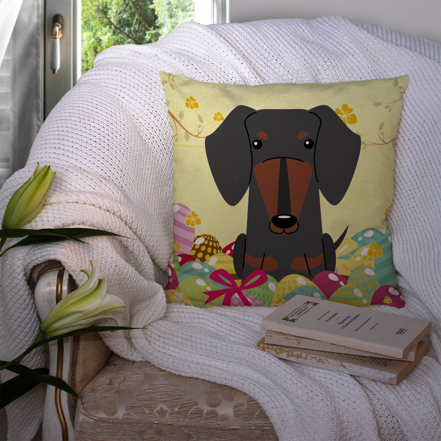 Easter Eggs Dachshund Black Tan Decorative Throw Pillow 14x14 Indoor Outdoor Accent Cushion, Fabric Cover with Insert for Sofa, Bed, Porch & Living Room