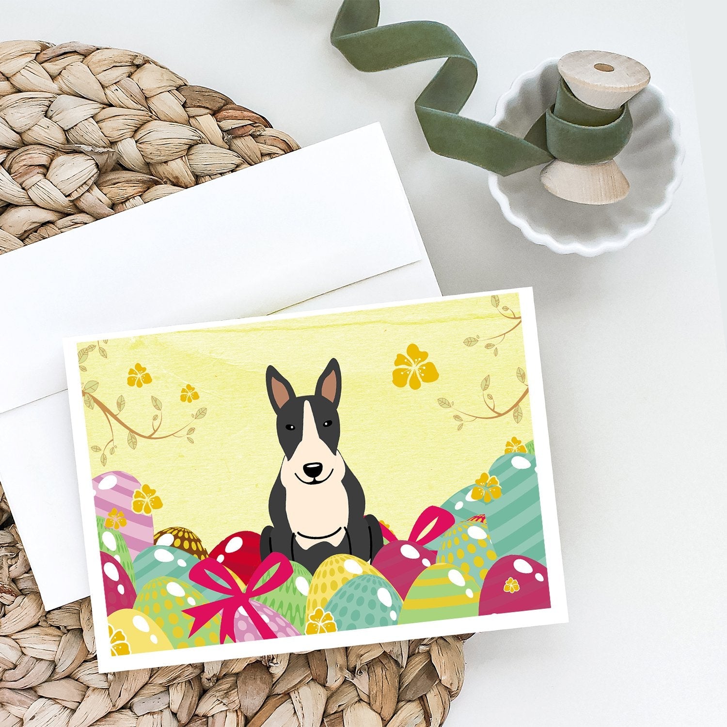 Easter Eggs Bull Terrier Black White Greeting Cards Pack of 8 Blank Cards with Envelopes Whimsical A7 Size 5x7