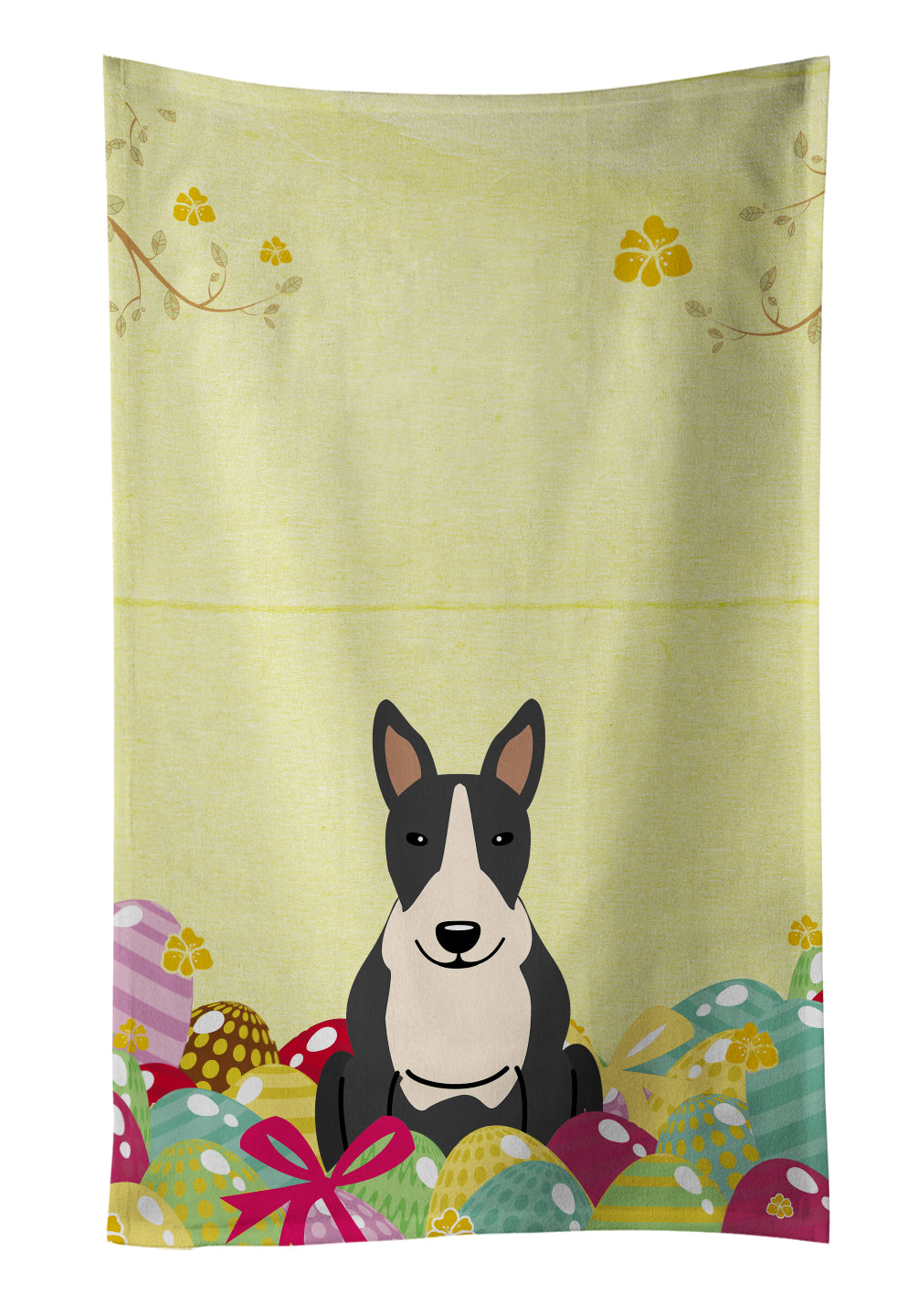 Easter Eggs Bull Terrier Black White Kitchen Towel Velour Plush Front and Cotton Loop Back Machine Washable