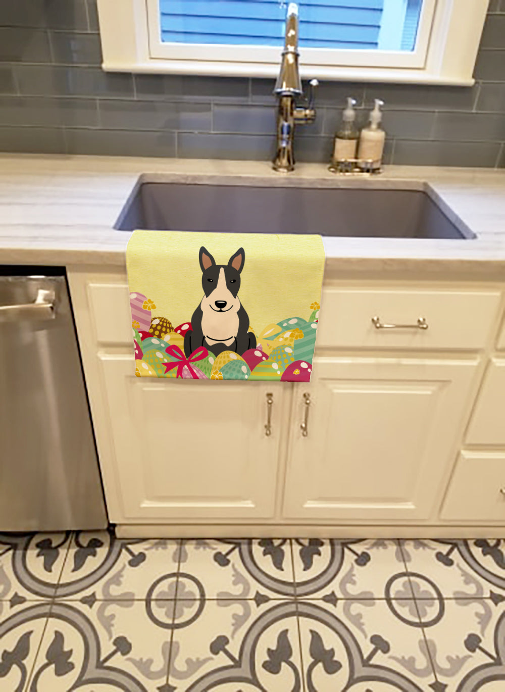 Easter Eggs Bull Terrier Black White Kitchen Towel Velour Plush Front and Cotton Loop Back Machine Washable