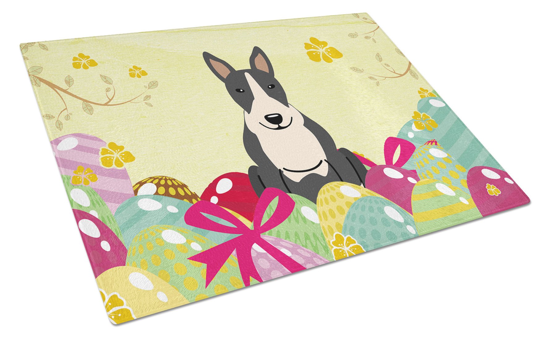 Easter Eggs Bull Terrier Black White Cutting Board Tempered Glass Kitchen Cutting Surface, Heat Resistant Chopping, Non-Slip Feet, Food Prep & Serving