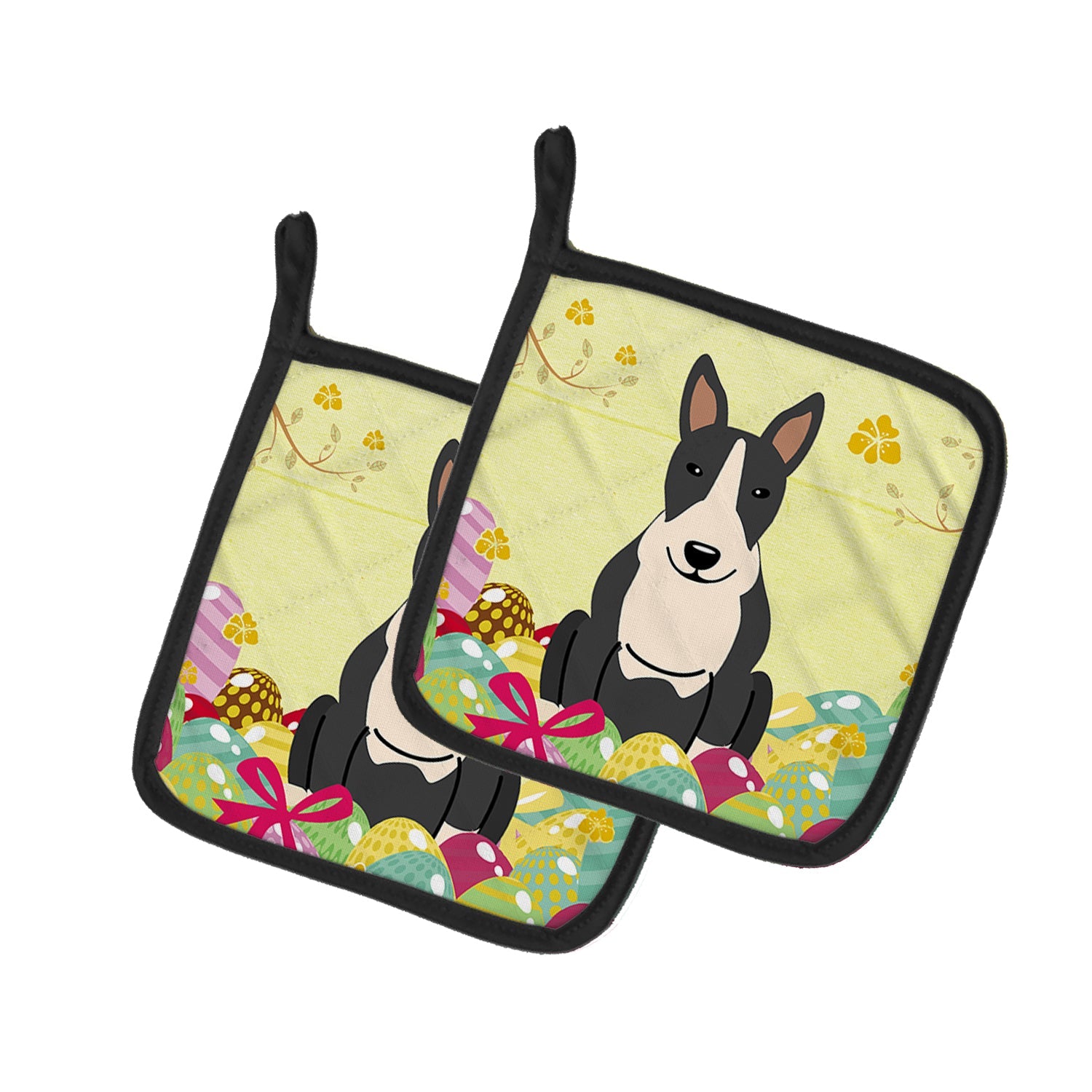Easter Eggs Bull Terrier Black White Pot Holder Set of 2 Heat Resistant Quilted Hot Pads 7.5 x 7.5 Inch, Insulated Kitchen Trivets for Cooking & Baking