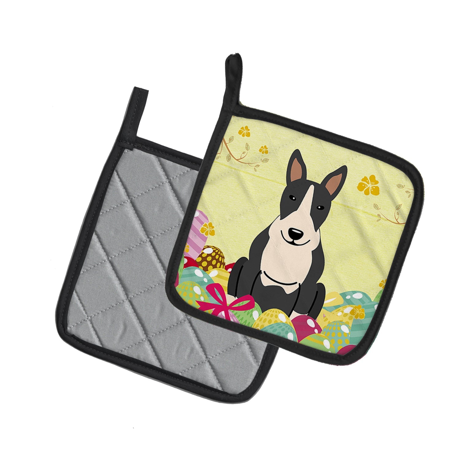 Easter Eggs Bull Terrier Black White Pot Holder Set of 2 Heat Resistant Quilted Hot Pads 7.5 x 7.5 Inch, Insulated Kitchen Trivets for Cooking & Baking