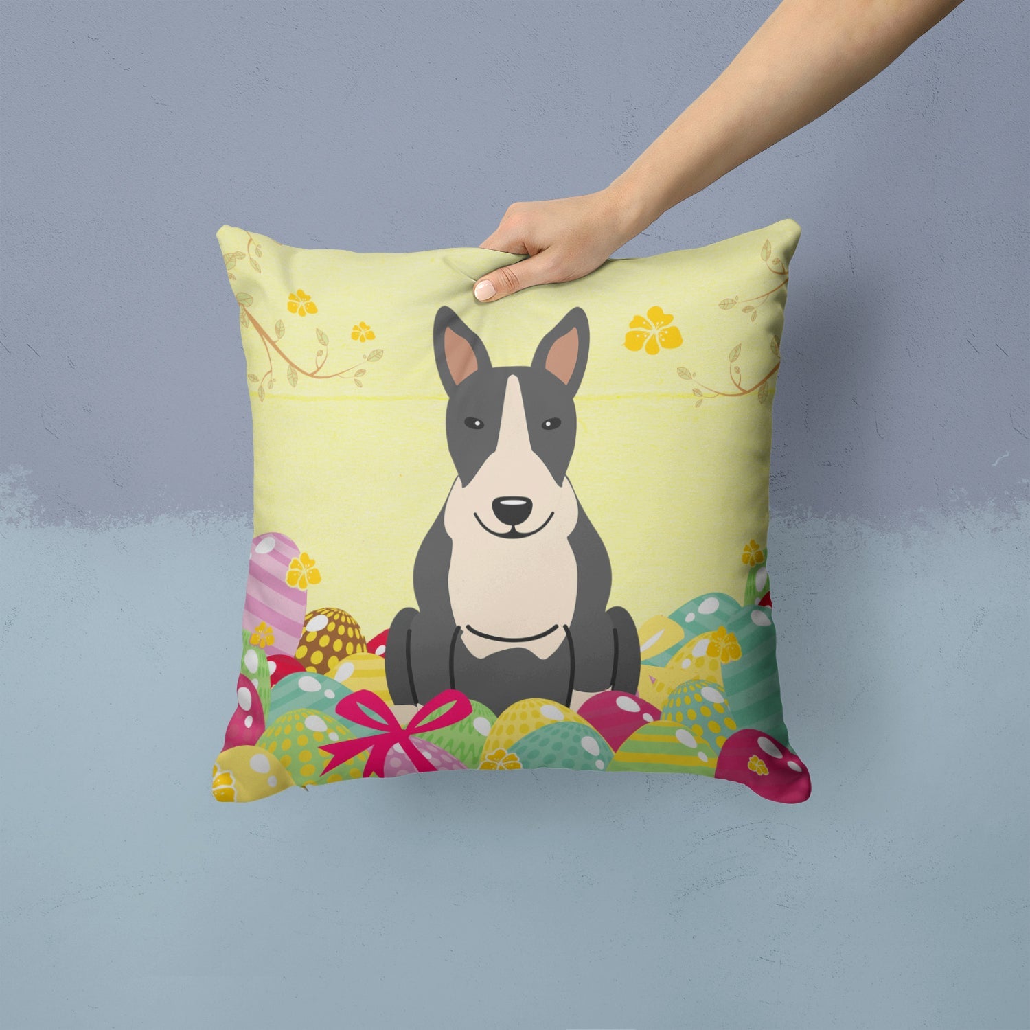 Easter Eggs Bull Terrier Black White Decorative Throw Pillow 14x14 Indoor Outdoor Accent Cushion, Fabric Cover with Insert for Sofa, Bed, Porch & Living Room