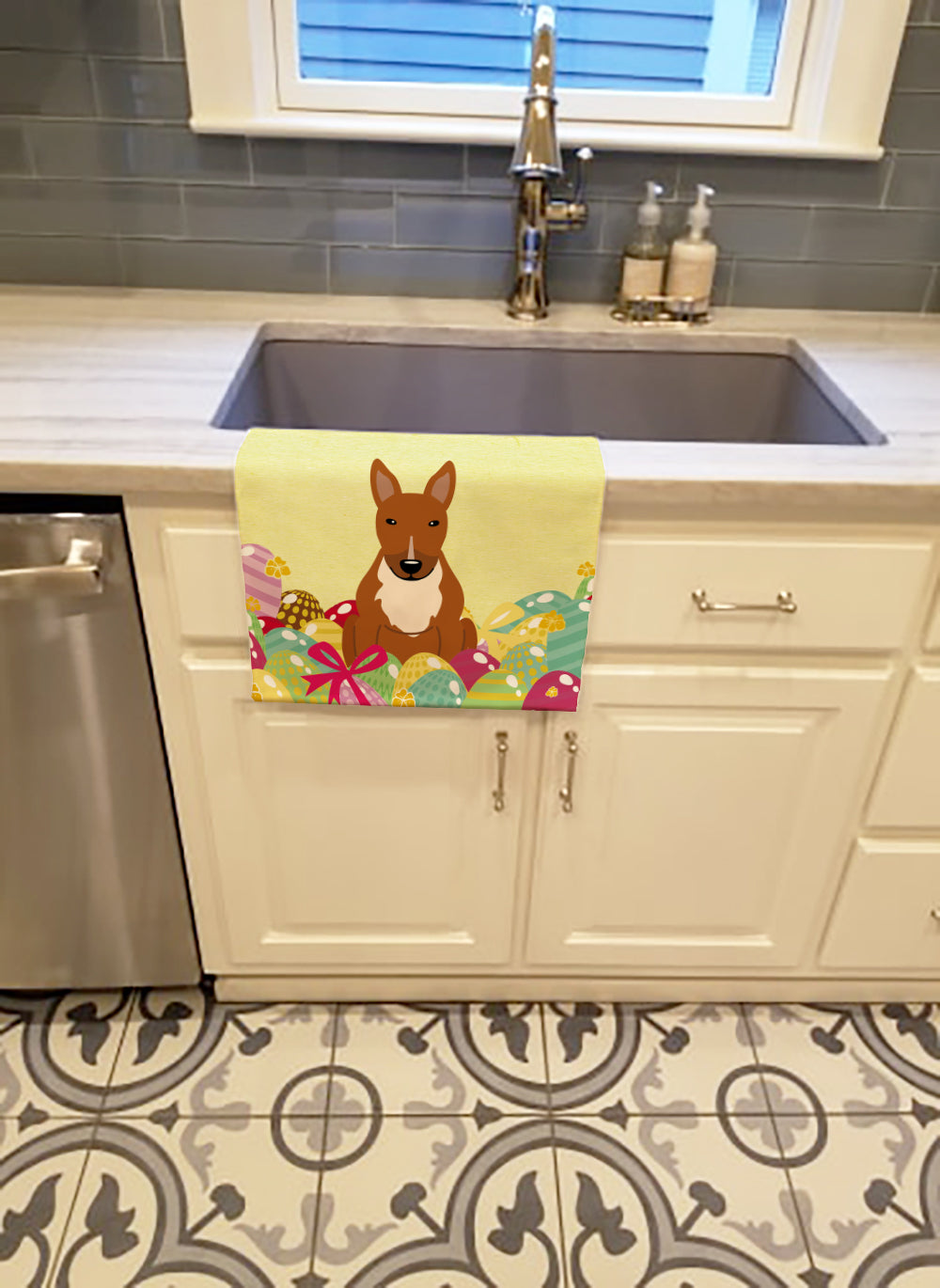 Easter Eggs Bull Terrier Red Kitchen Towel Velour Plush Front and Cotton Loop Back Machine Washable