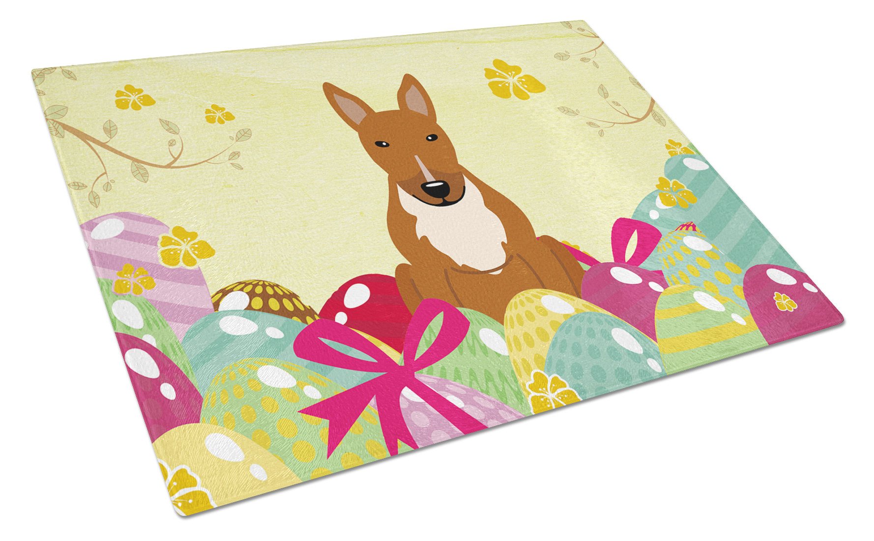 Easter Eggs Bull Terrier Red Cutting Board Tempered Glass Kitchen Cutting Surface, Heat Resistant Chopping, Non-Slip Feet, Food Prep & Serving