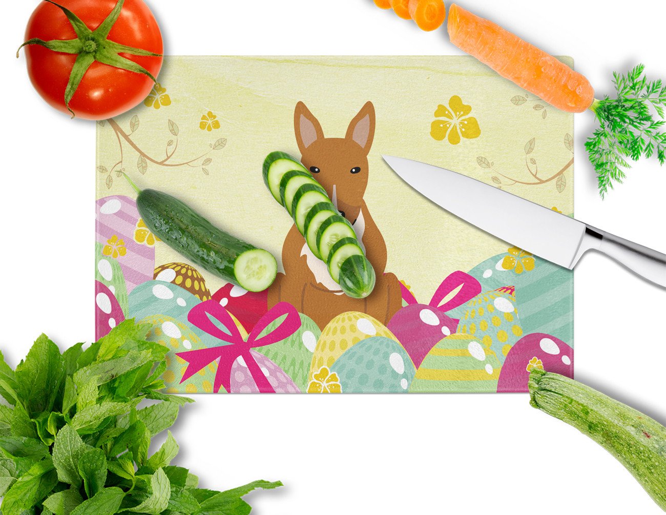 Easter Eggs Bull Terrier Red Cutting Board Tempered Glass Kitchen Cutting Surface, Heat Resistant Chopping, Non-Slip Feet, Food Prep & Serving