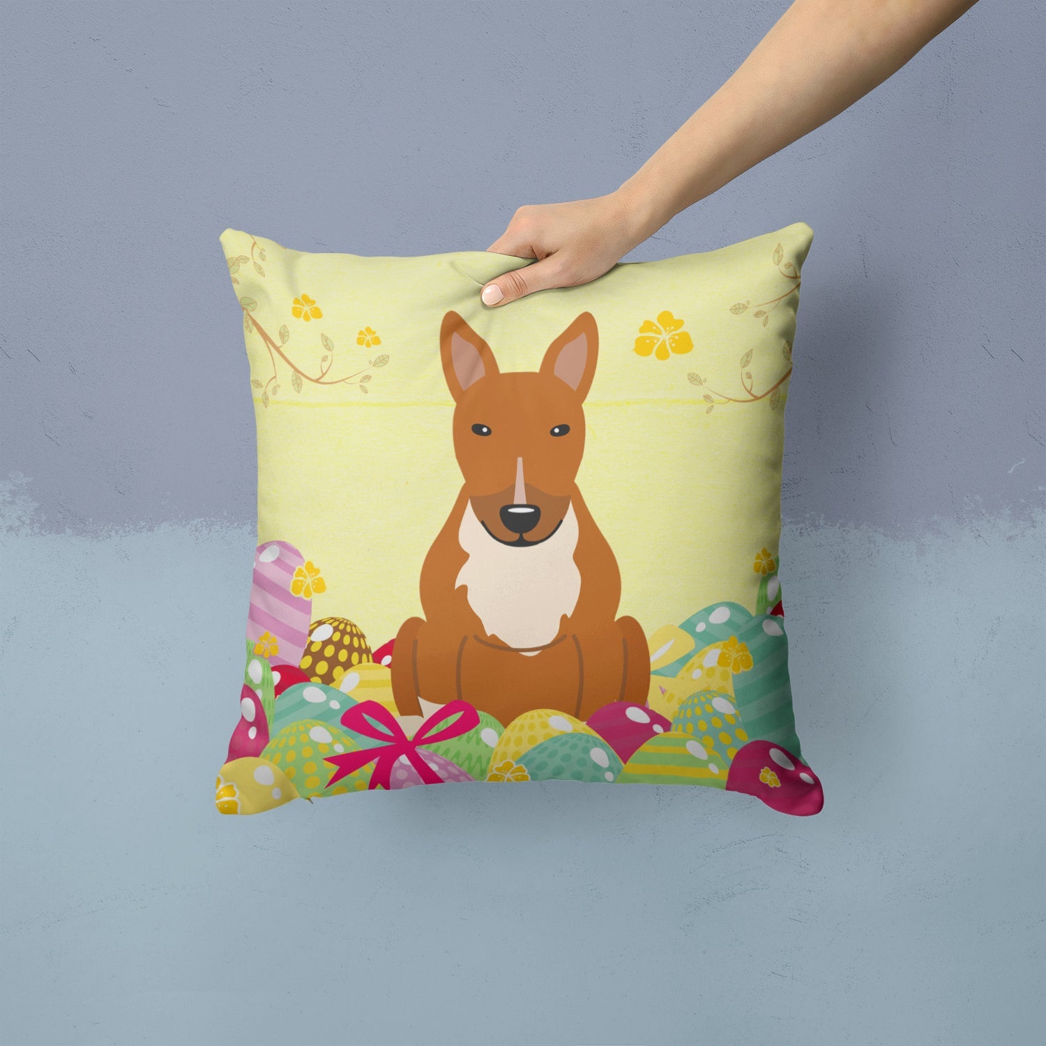 Easter Eggs Bull Terrier Red Decorative Throw Pillow 14x14 Indoor Outdoor Accent Cushion, Fabric Cover with Insert for Sofa, Bed, Porch & Living Room