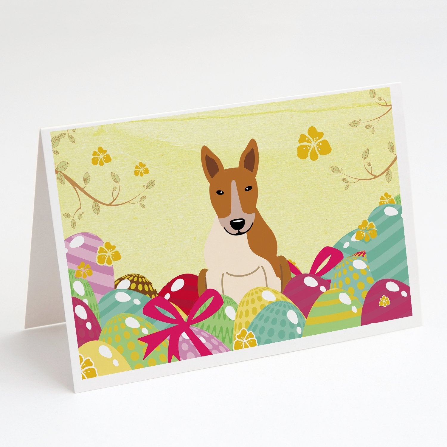 Easter Eggs Bull Terrier Red White Greeting Cards Pack of 8 Blank Cards with Envelopes Whimsical A7 Size 5x7