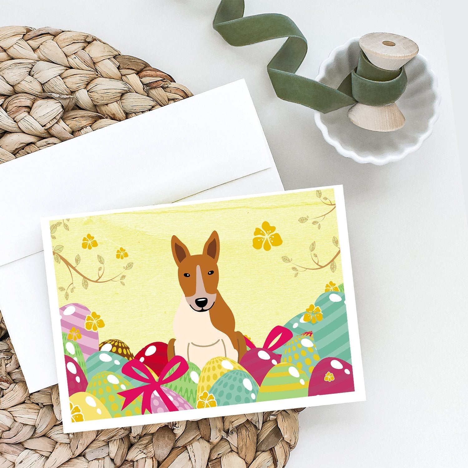 Easter Eggs Bull Terrier Red White Greeting Cards Pack of 8 Blank Cards with Envelopes Whimsical A7 Size 5x7