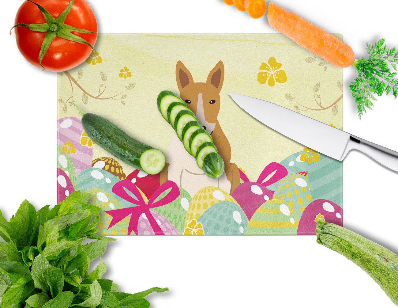 Easter Eggs Bull Terrier Red White Cutting Board Tempered Glass Kitchen Cutting Surface, Heat Resistant Chopping, Non-Slip Feet, Food Prep & Serving