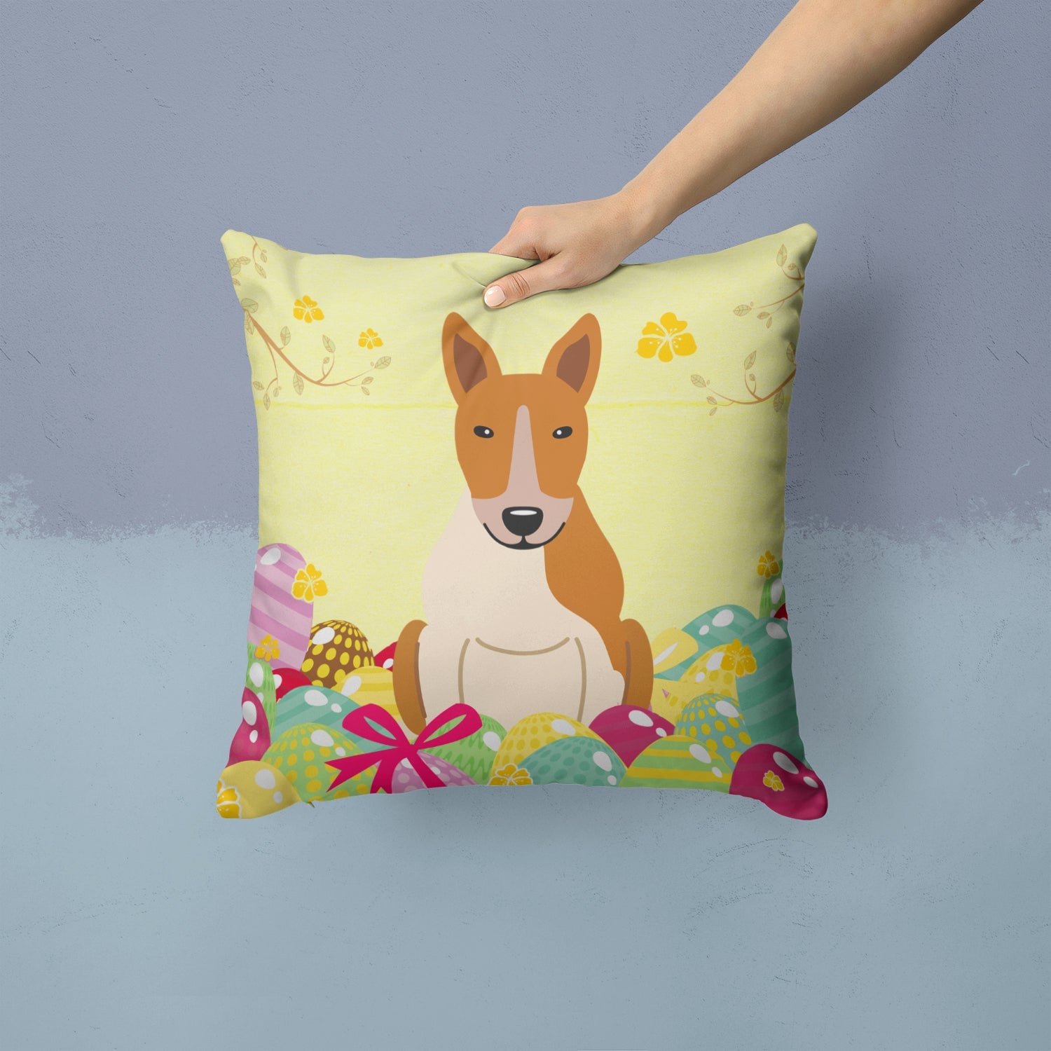 Easter Eggs Bull Terrier Red White Decorative Throw Pillow 14x14 Indoor Outdoor Accent Cushion, Fabric Cover with Insert for Sofa, Bed, Porch & Living Room
