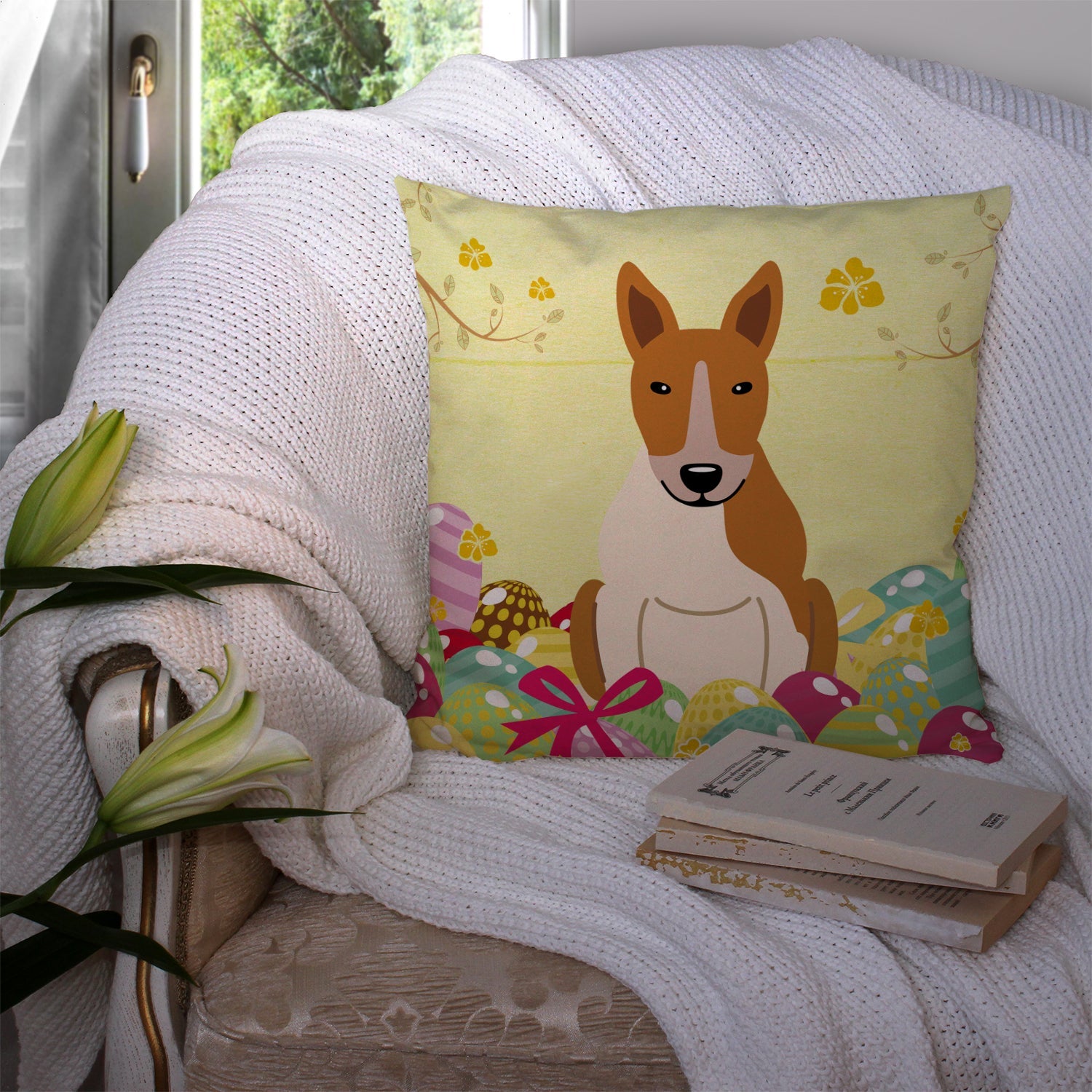 Easter Eggs Bull Terrier Red White Decorative Throw Pillow 14x14 Indoor Outdoor Accent Cushion, Fabric Cover with Insert for Sofa, Bed, Porch & Living Room